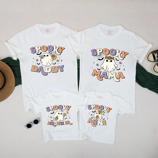 Spooky Family Halloween Matching Shirts, Cute Ghost Fall Outfits for Daddy, Mama, Brother, Mini Boo Crew Tees, Retro Design