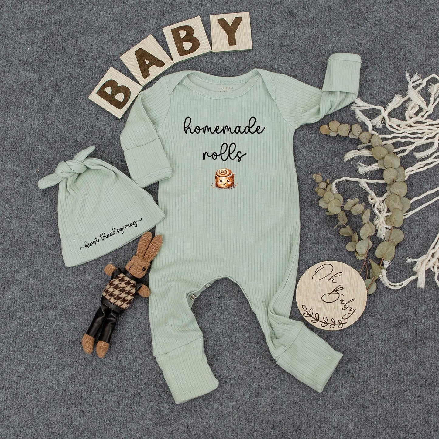 Homemade Rolls & First Thanksgiving Baby Bodysuit and Hat Set Cute Cartoon Cinnamon Roll Outfit Natural Pregnancy Reveal Gift