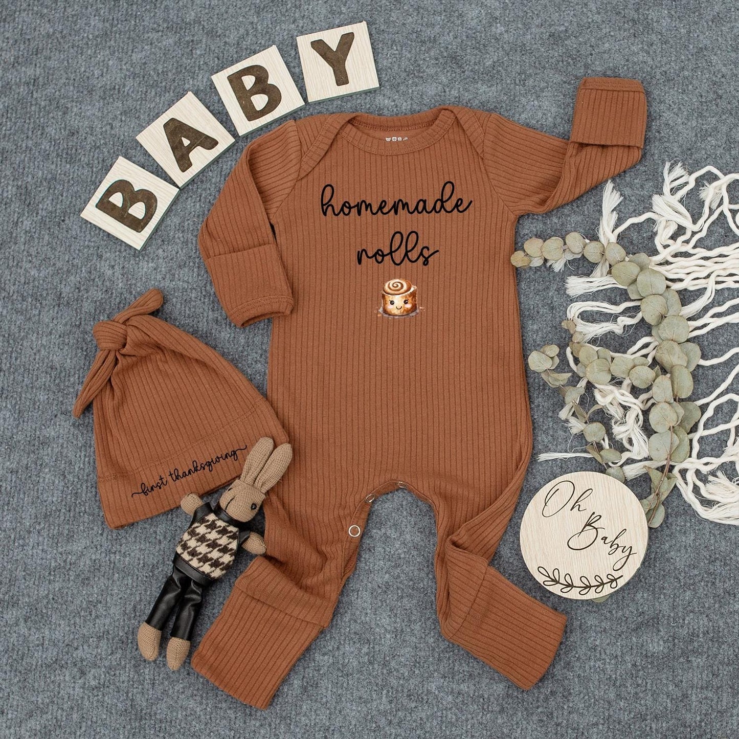 Homemade Rolls & First Thanksgiving Baby Bodysuit and Hat Set Cute Cartoon Cinnamon Roll Outfit Natural Pregnancy Reveal Gift