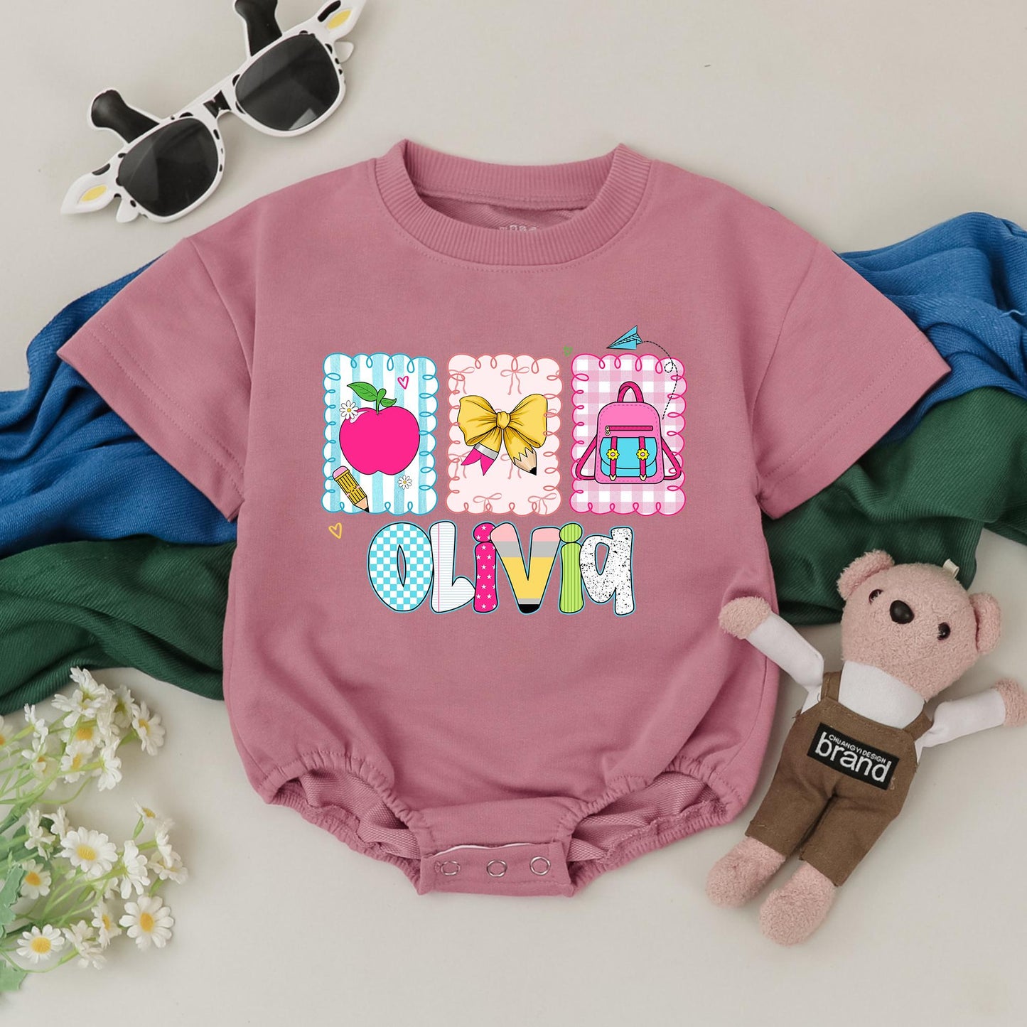 Personalized Girls Back to School Romper First Day Kindergarten Outfit Whimsical Name Design Pink Apple Yellow Bow Backpack Toddler Bodysuit