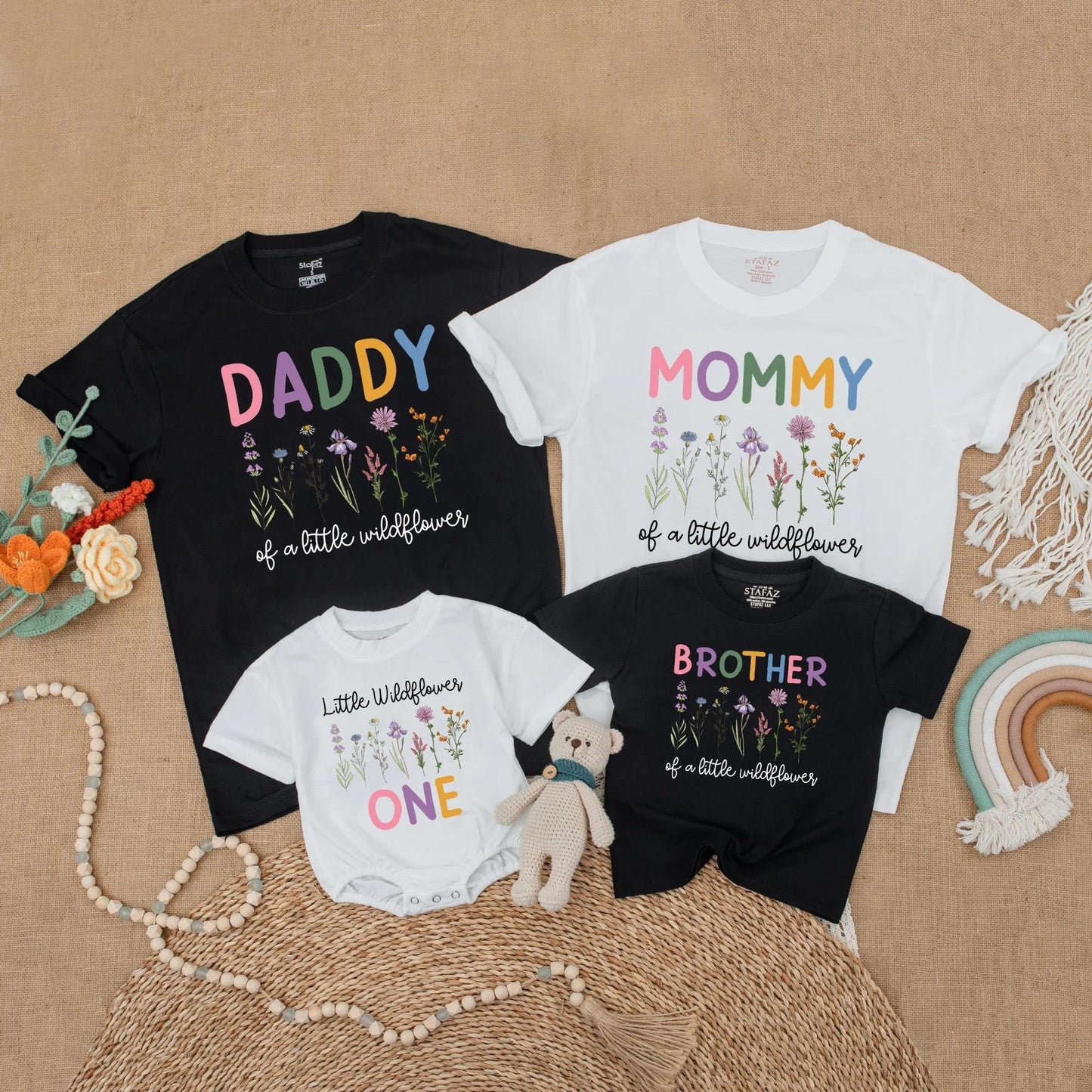 Little Wildflower Family Matching Shirts Boho Floral 1st Birthday Outfits Mommy Daddy Sister Wild One Birthday Girl Gift Celebration Clothes Cotton