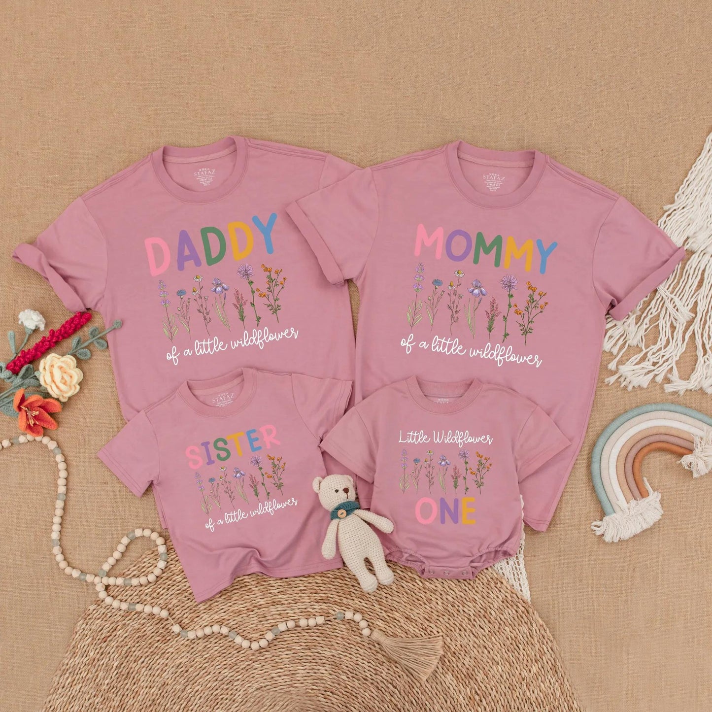 Little Wildflower Family Matching Shirts Boho Floral 1st Birthday Outfits Mommy Daddy Sister Wild One Birthday Girl Gift Celebration Clothes Cotton