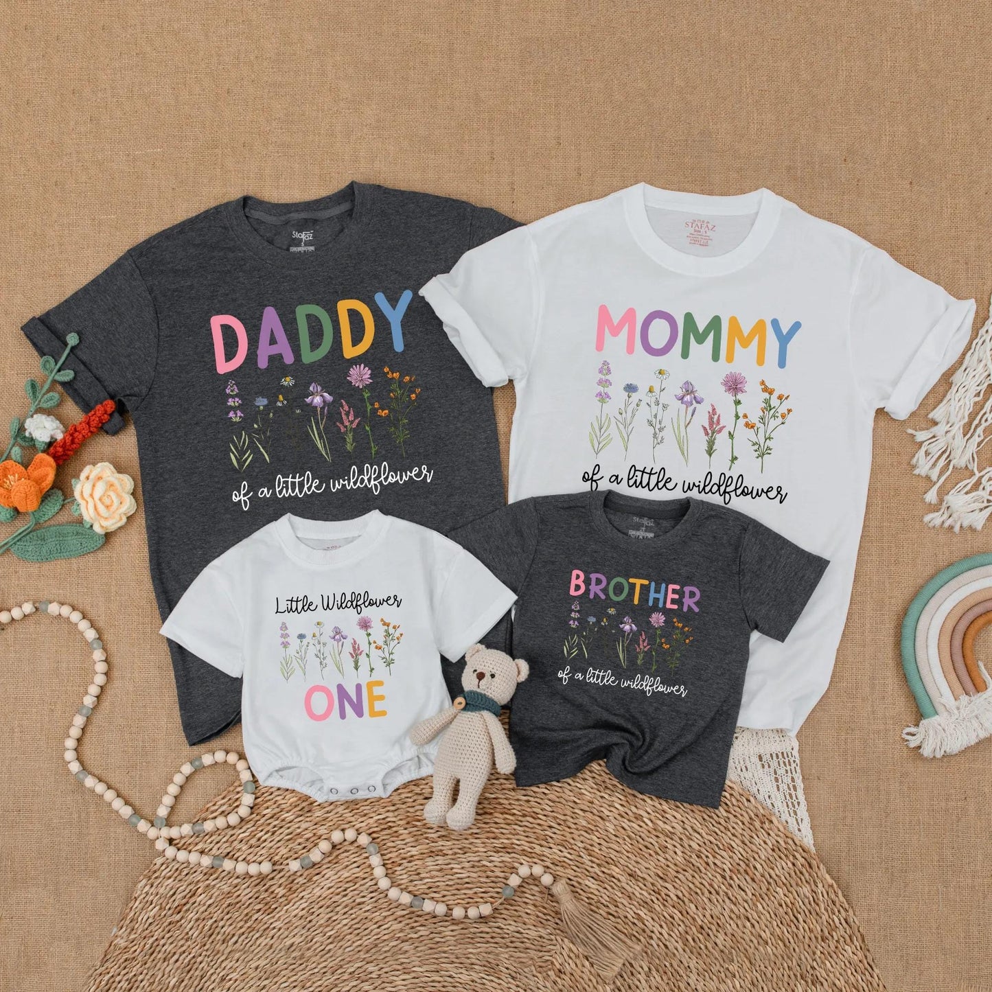 Little Wildflower Family Matching Shirts Boho Floral 1st Birthday Outfits Mommy Daddy Sister Wild One Birthday Girl Gift Celebration Clothes Cotton