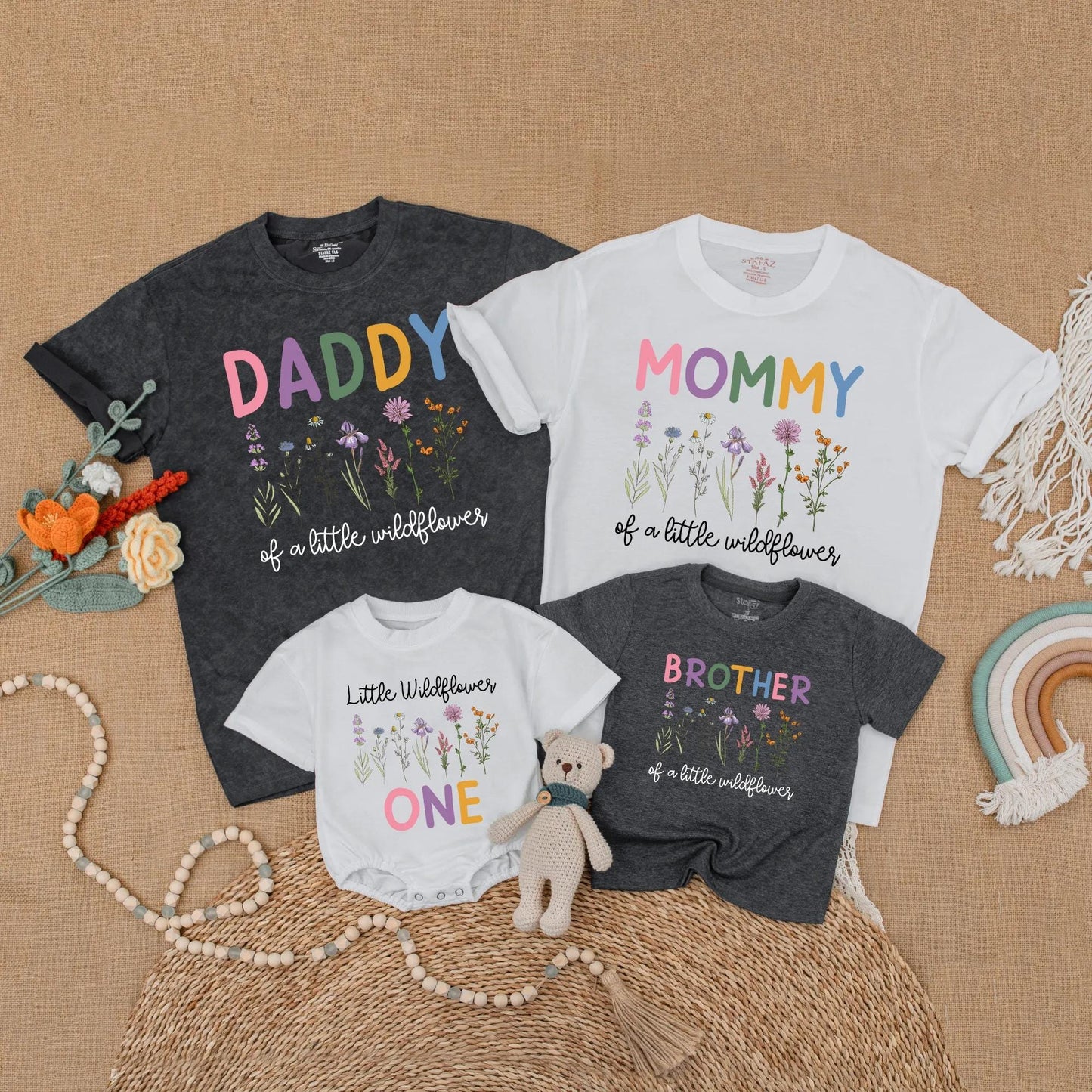 Little Wildflower Family Matching Shirts Boho Floral 1st Birthday Outfits Mommy Daddy Sister Wild One Birthday Girl Gift Celebration Clothes Cotton