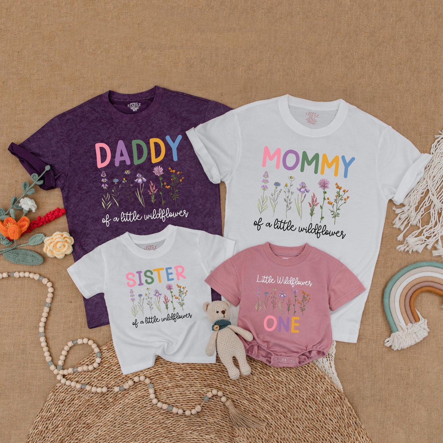 Little Wildflower Family Matching Shirts Boho Floral 1st Birthday Outfits Mommy Daddy Sister Wild One Birthday Girl Gift Celebration Clothes Cotton
