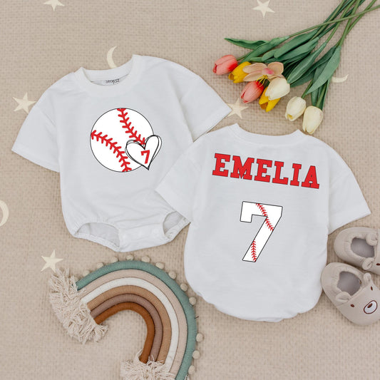 Custom Name Baseball First Birthday Baby Romper Sporty Outfit with Number 7 Design and Red Stitches Fun Playful All Star Theme for Baby Boy Girl