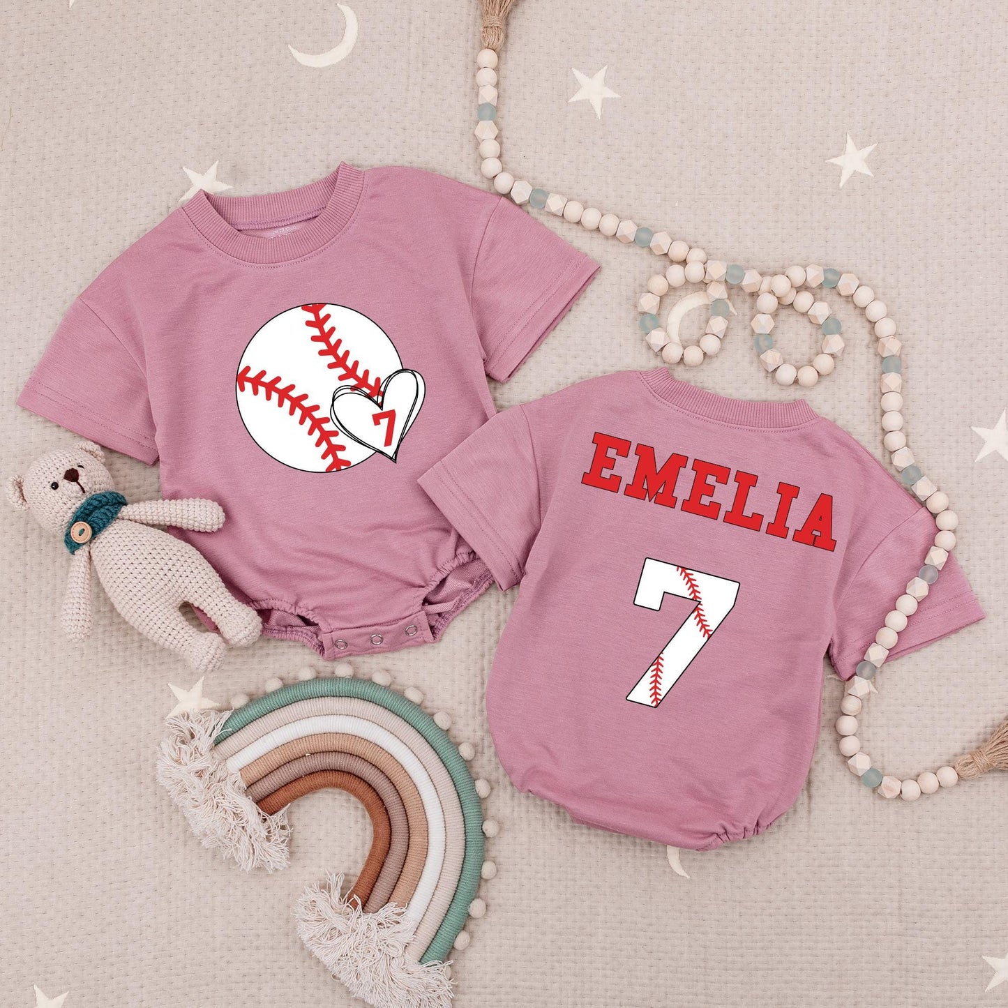 Custom Name Baseball First Birthday Baby Romper Sporty Outfit with Number 7 Design and Red Stitches Fun Playful All Star Theme for Baby Boy Girl