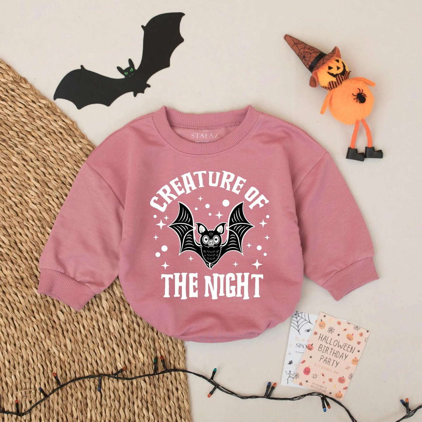 Spooky Cute Creature of The Night Halloween Baby Romper, Funny Bat Bodysuit First Halloween Outfit, Playful Halloween Gift Idea 136 chars