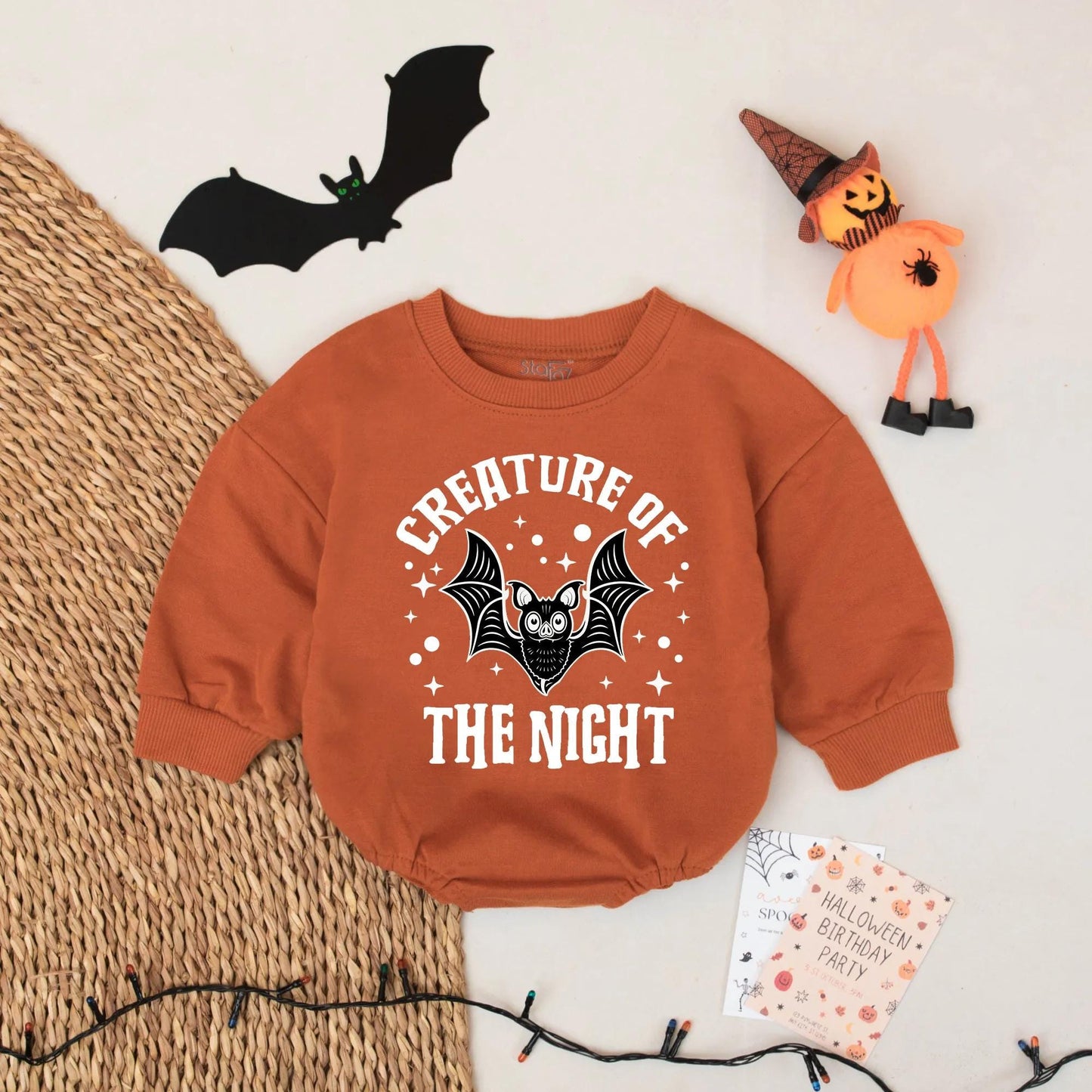 Spooky Cute Creature of The Night Halloween Baby Romper, Funny Bat Bodysuit First Halloween Outfit, Playful Halloween Gift Idea 136 chars