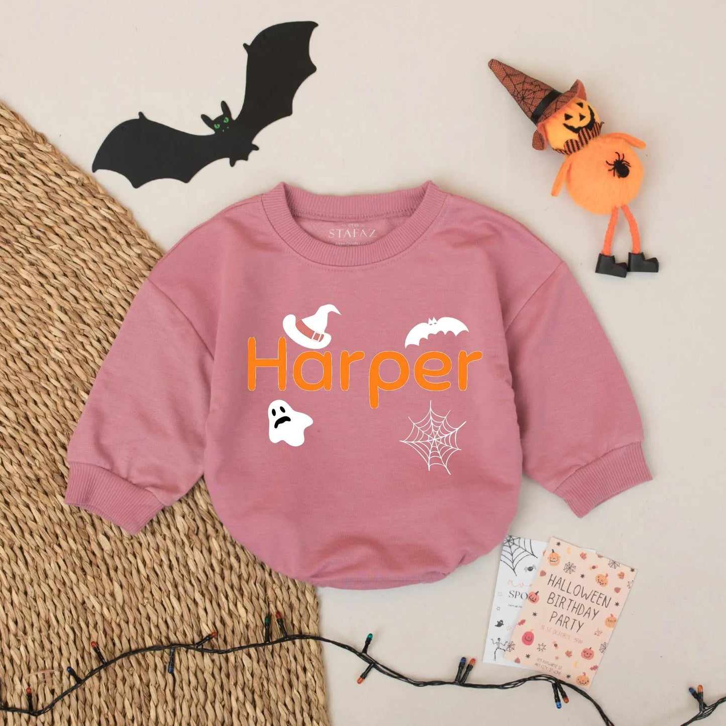 Custom Harper Halloween Baby Romper with Witch Hat & Bat | Retro Spooky Season Outfit for Baby Girl & Boy | First Halloween Gift