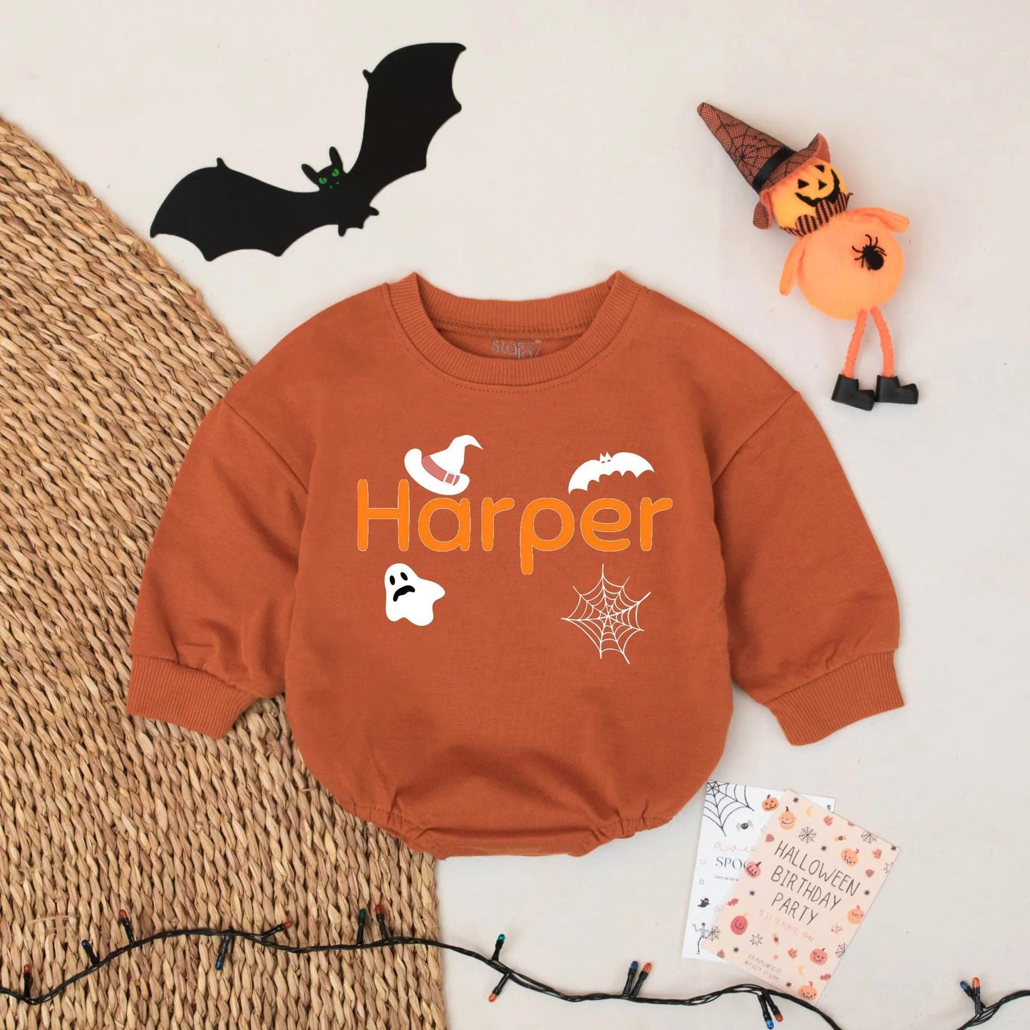 Custom Harper Halloween Baby Romper with Witch Hat & Bat | Retro Spooky Season Outfit for Baby Girl & Boy | First Halloween Gift