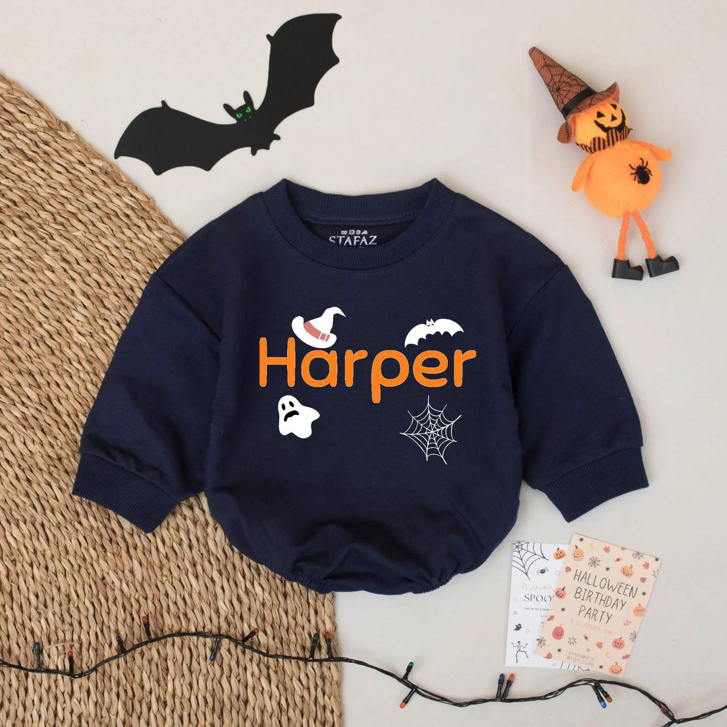 Custom Harper Halloween Baby Romper with Witch Hat & Bat | Retro Spooky Season Outfit for Baby Girl & Boy | First Halloween Gift