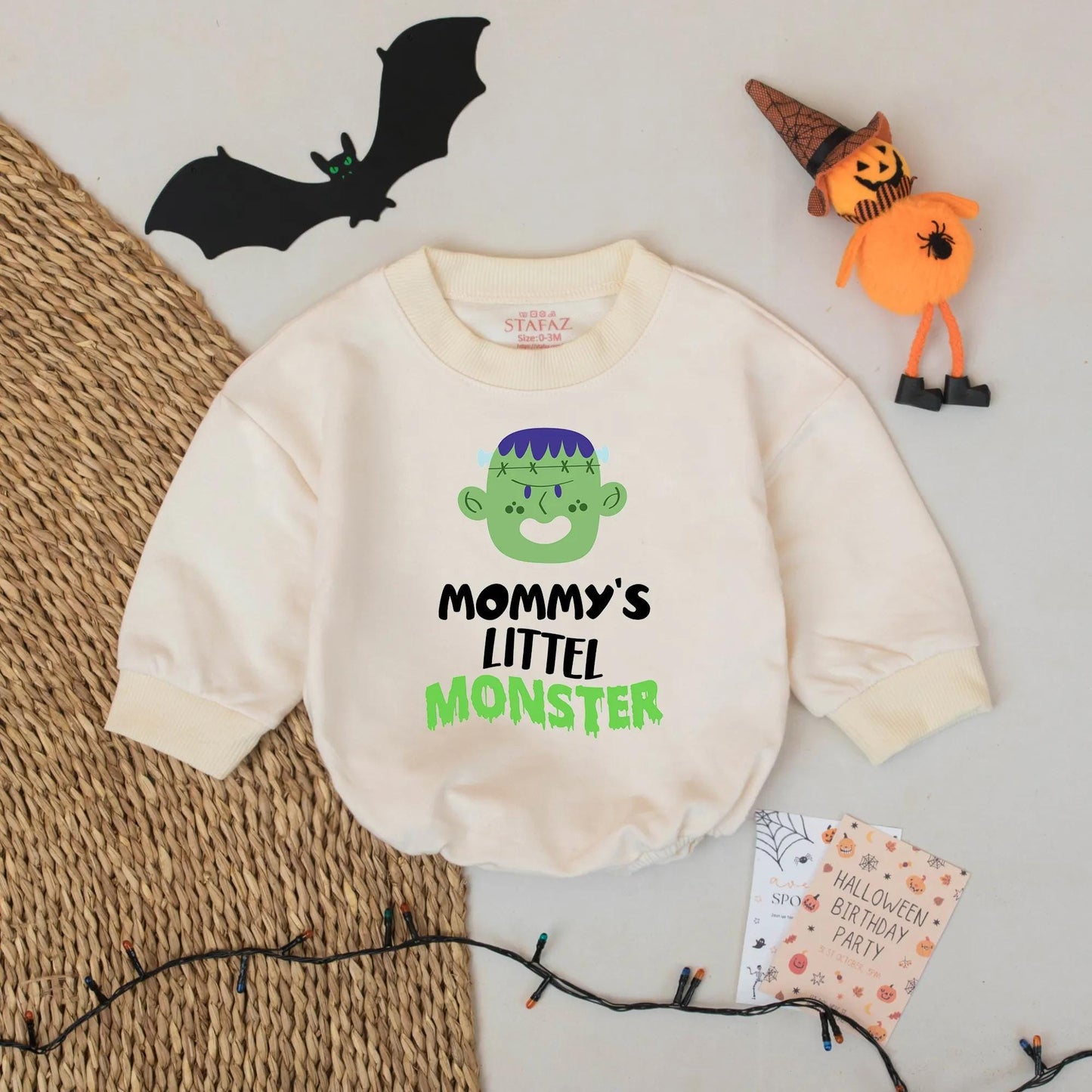 Mommy's Little Monster Halloween Baby Romper, Cute Frankenstein Outfit, Retro First Halloween Bodysuit, Playful Cartoon Costume, Baby Shower Gift Idea (139 chars)