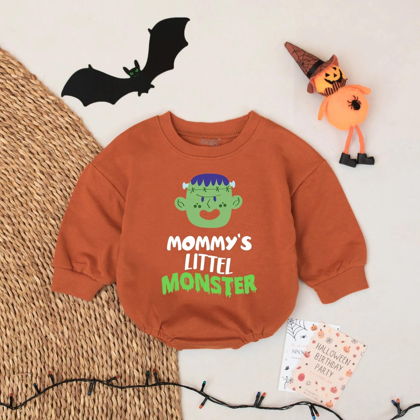 Mommy's Little Monster Halloween Baby Romper, Cute Frankenstein Outfit, Retro First Halloween Bodysuit, Playful Cartoon Costume, Baby Shower Gift Idea (139 chars)