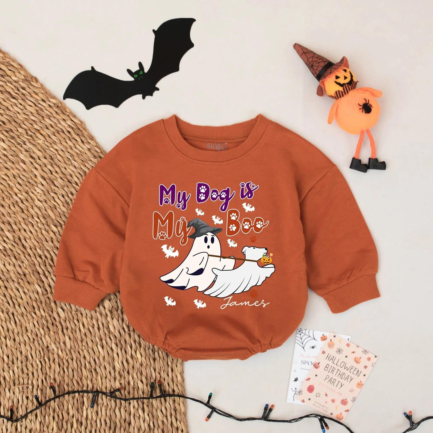 Custom Name My Dog is My Boo Halloween Baby Romper First Halloween Bodysuit Boy Outfit Whimsical Ghost Dog Paw Print Purple Orange Cute Infant Gift