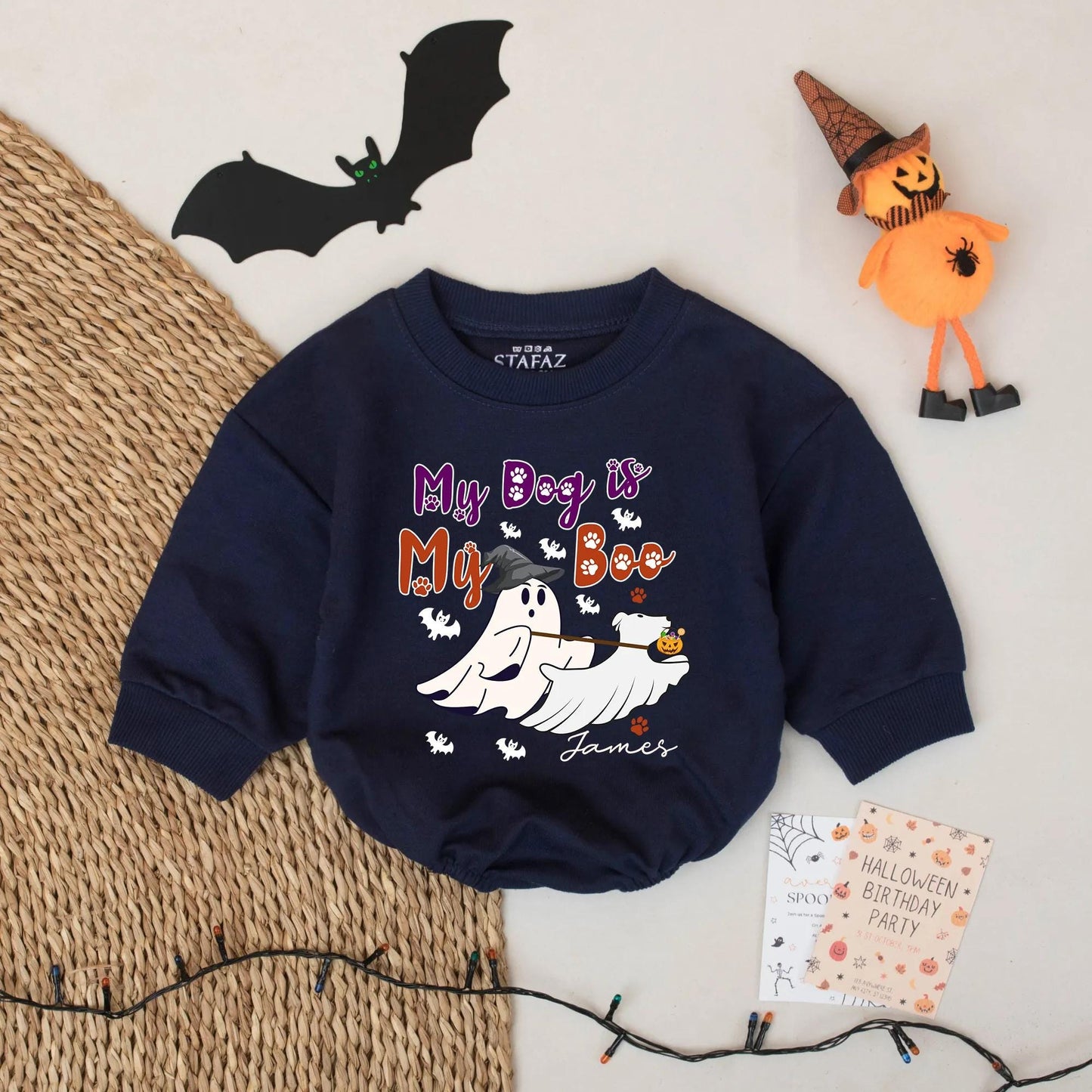 Custom Name My Dog is My Boo Halloween Baby Romper First Halloween Bodysuit Boy Outfit Whimsical Ghost Dog Paw Print Purple Orange Cute Infant Gift