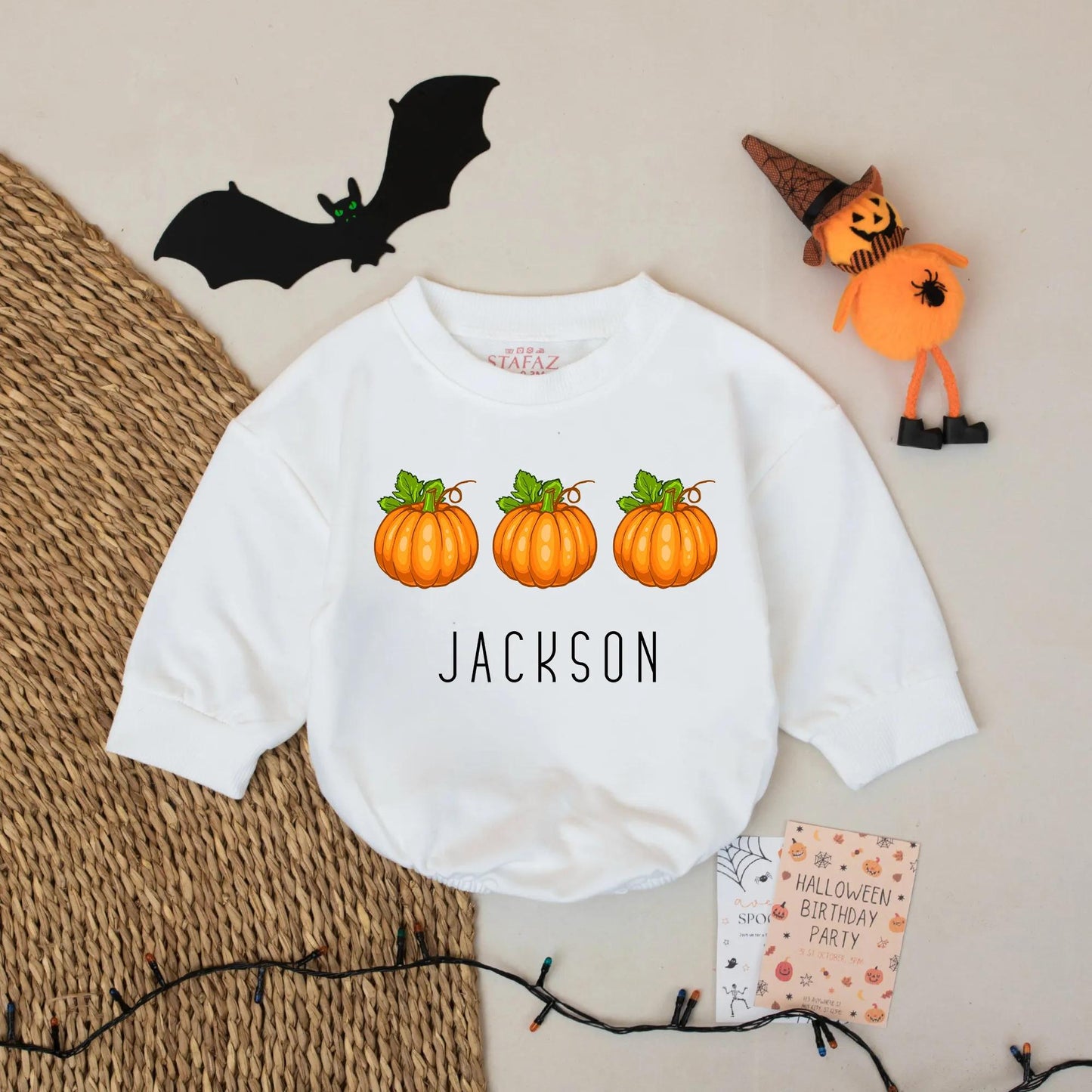 Custom Jackson Pumpkin Romper Baby Boy Halloween Outfit First Birthday Fall Season Coming Home Baby Gift