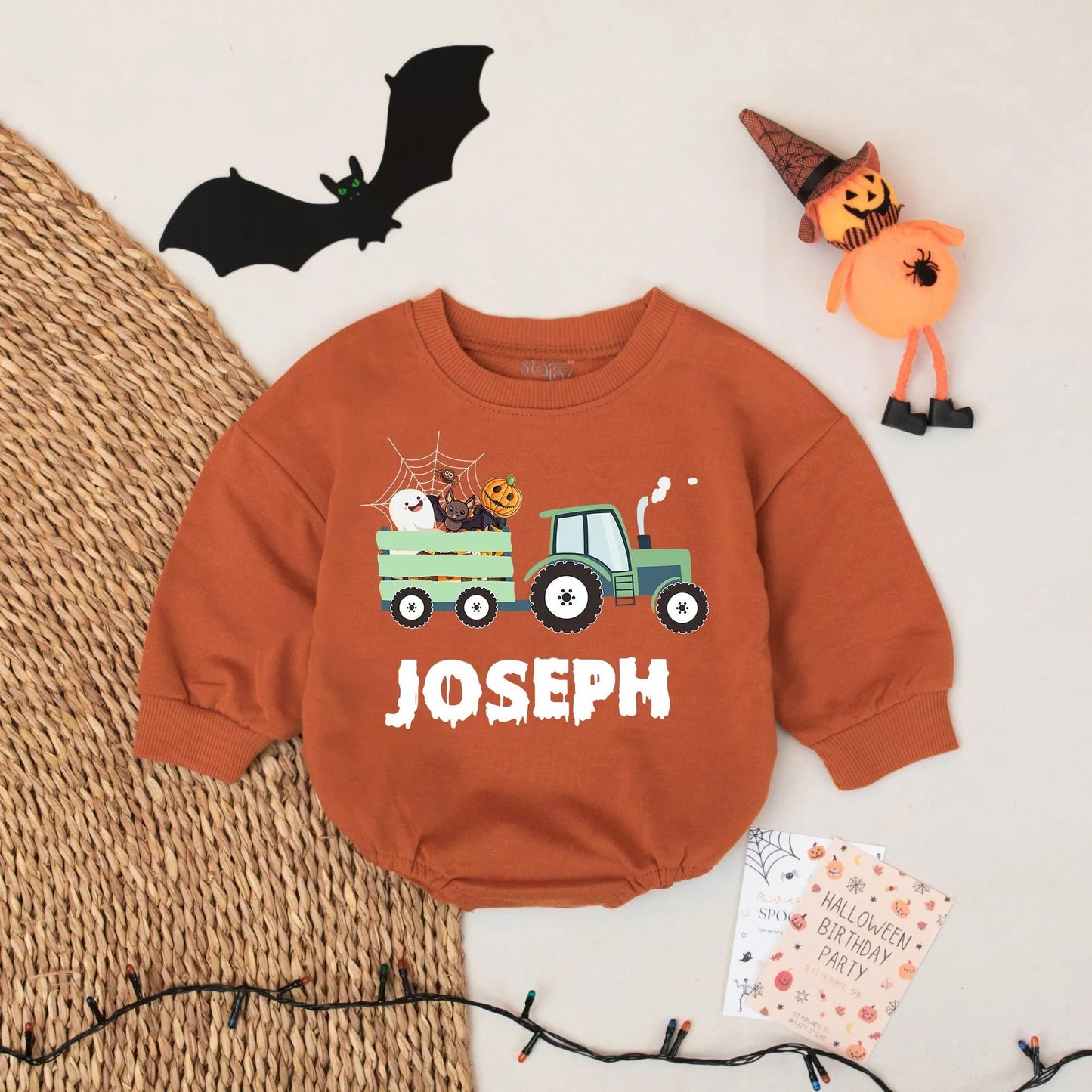 Custom Joseph Halloween Tractor Romper Baby Boy Green Spooky Wagon Ghost Bat Pumpkin Spiderweb Design First Birthday Coming Home Outfit Thanksgiving Gift