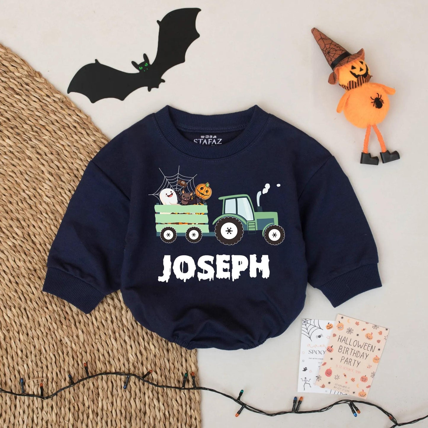 Custom Joseph Halloween Tractor Romper Baby Boy Green Spooky Wagon Ghost Bat Pumpkin Spiderweb Design First Birthday Coming Home Outfit Thanksgiving Gift
