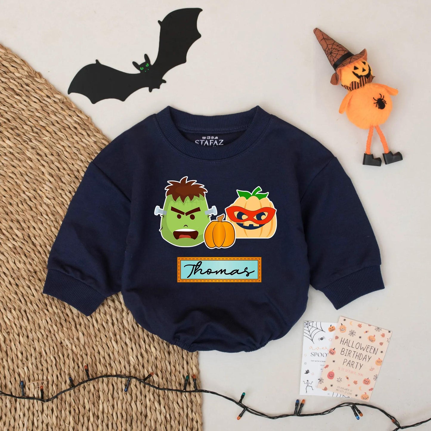 Custom Baby Boy Halloween Romper with Playful Frankenstein Pumpkin Graphics Thomas Name Design Funny Spooky Holiday Gift