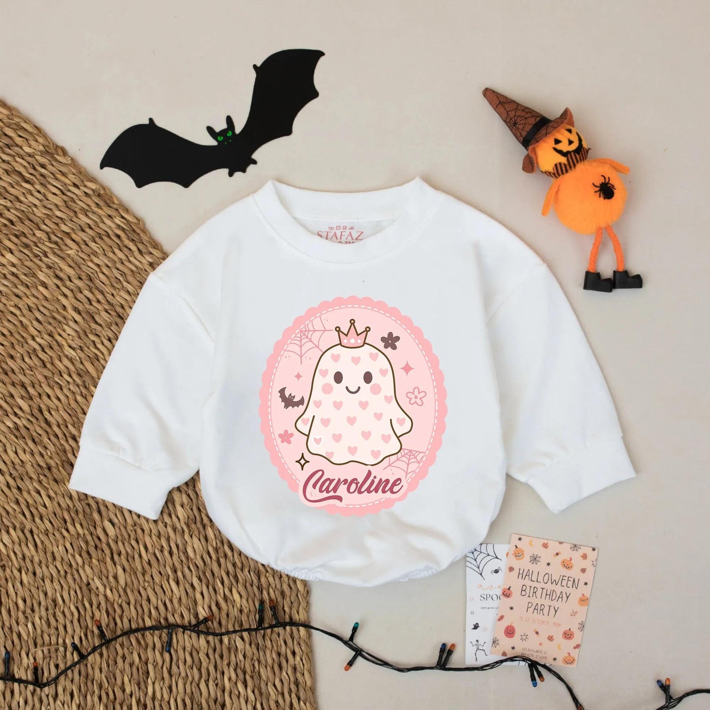 Custom Caroline Ghost Baby Romper Halloween Outfit for Baby Girl with Pink Scalloped Frame, Cute First Halloween Gift
