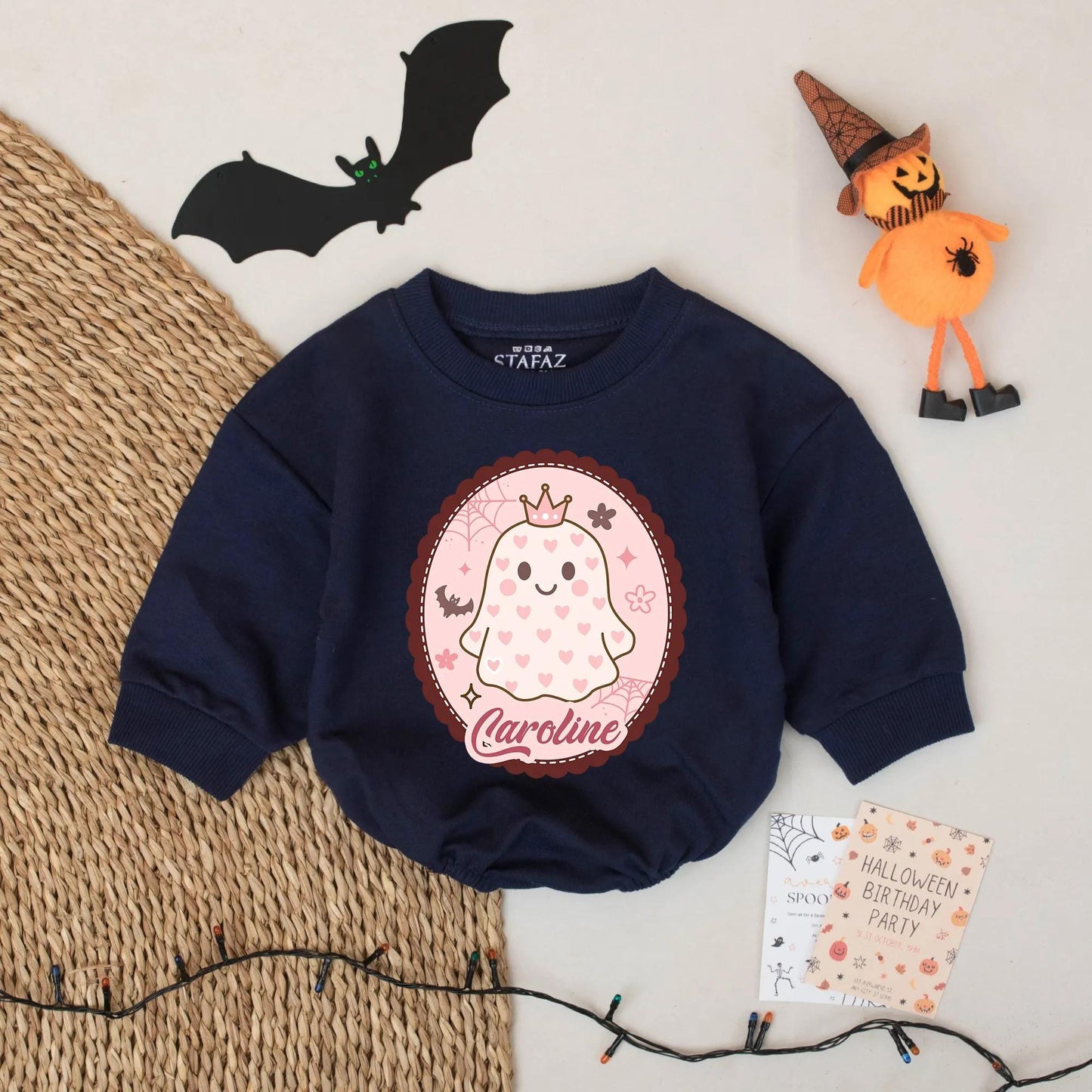 Custom Caroline Ghost Baby Romper Halloween Outfit for Baby Girl with Pink Scalloped Frame, Cute First Halloween Gift