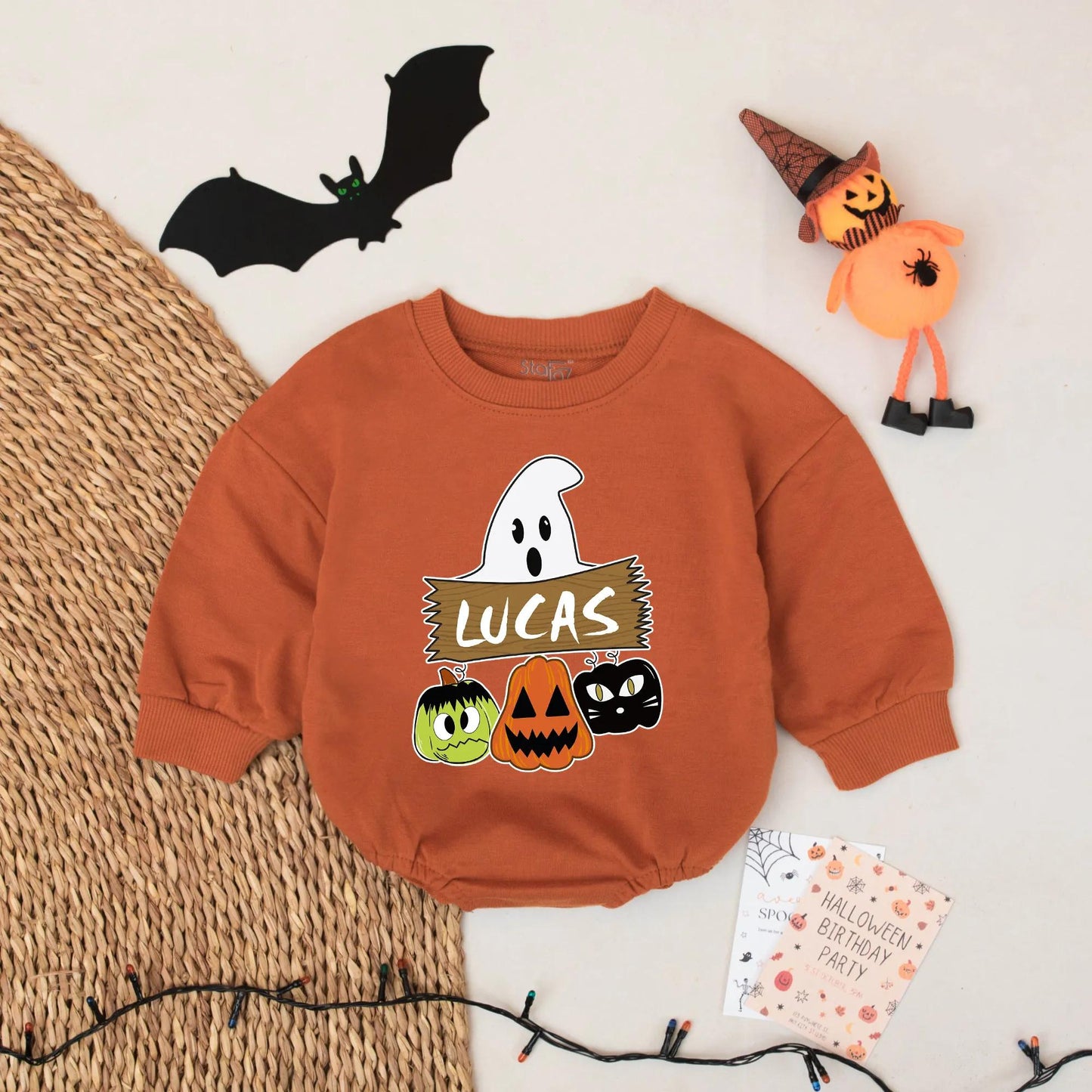 Ghost Halloween Baby Romper Cute Cartoon Ghost & Pumpkins Custom Name Outfit for Baby Boy First Halloween Gift Idea