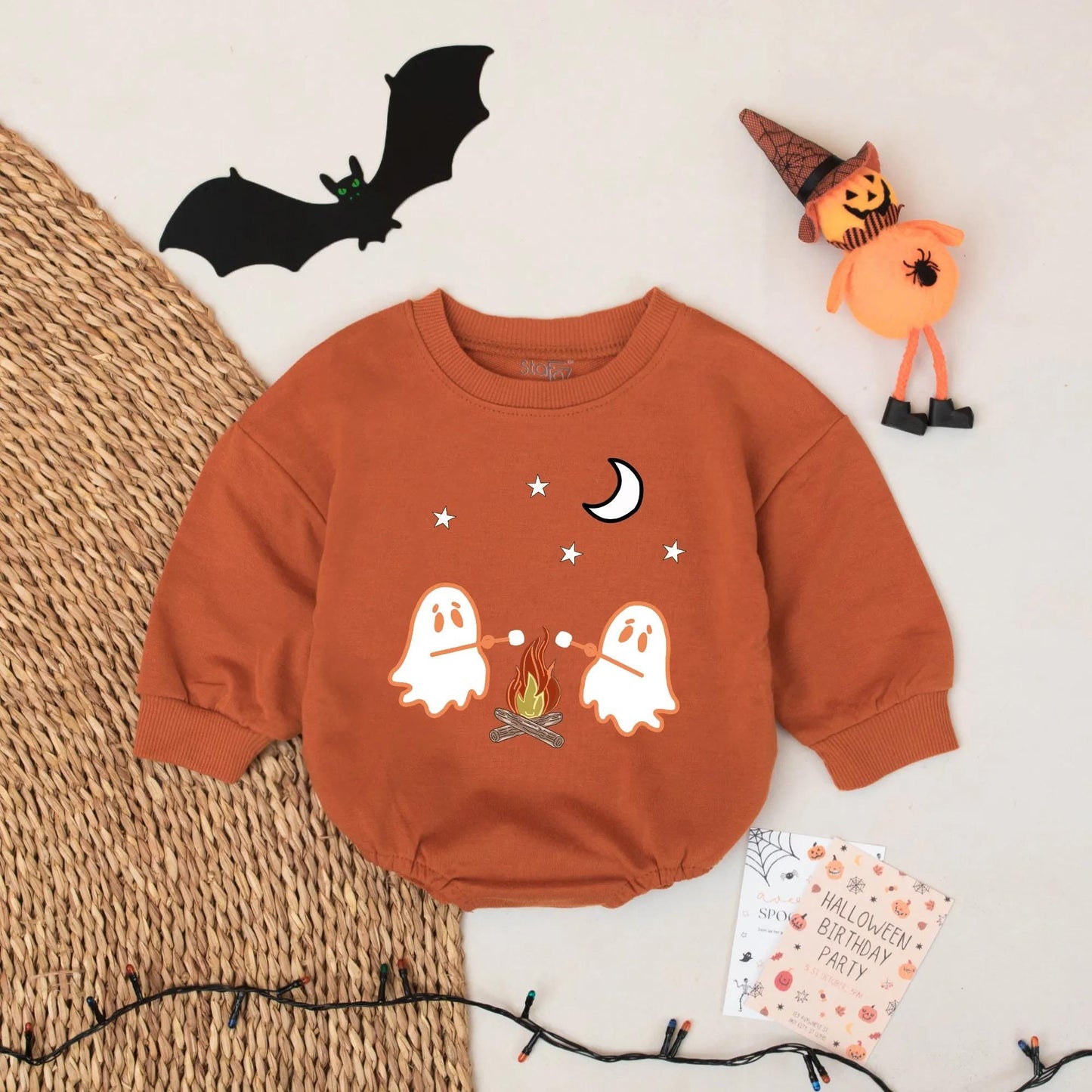 Ghost Camping Baby Romper Cute Halloween Design with Stars Moon and Campfire Fun Baby Clothes for First Halloween and Coming Home Outfits