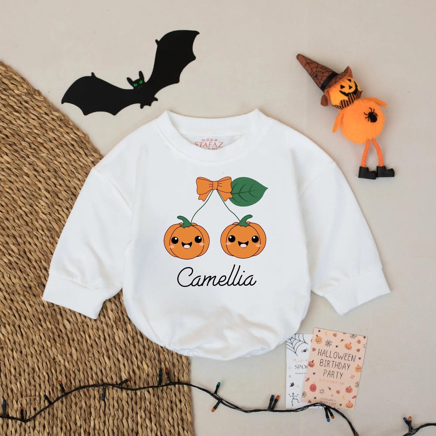 Cute Cherry Pumpkin Halloween Romper Baby Girl First Birthday Outfit Custom Camellia Name Bodysuit
