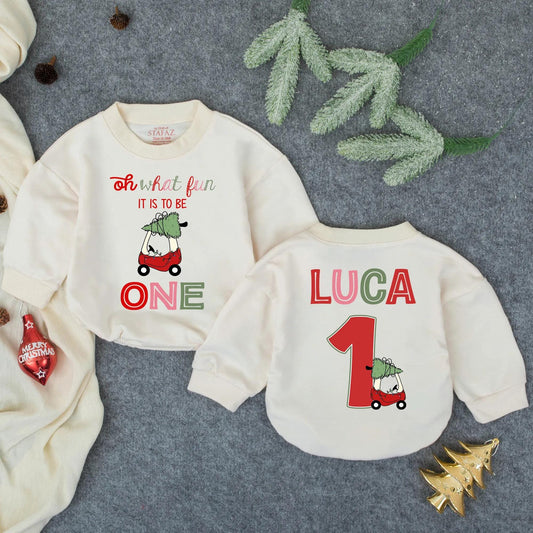 Personalized Oh What Fun Luca's 1st Christmas Romper, Custom Holiday Baby Outfit, Red Car Xmas Tree, Baby Boy Toddler Clothes, Infant Gift (136 chars)