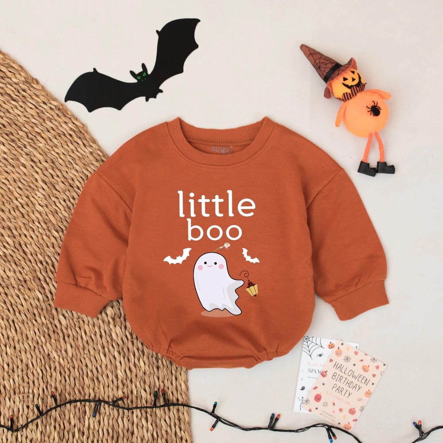 Little Boo Ghost Halloween Romper, Cute First Birthday Outfit, Baby Girl Clothes, Playful Lantern & Bats Design, Soft Cotton Comfortable Bodysuit 137 chars