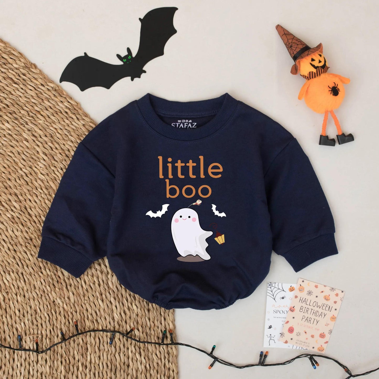 Little Boo Ghost Halloween Romper, Cute First Birthday Outfit, Baby Girl Clothes, Playful Lantern & Bats Design, Soft Cotton Comfortable Bodysuit 137 chars