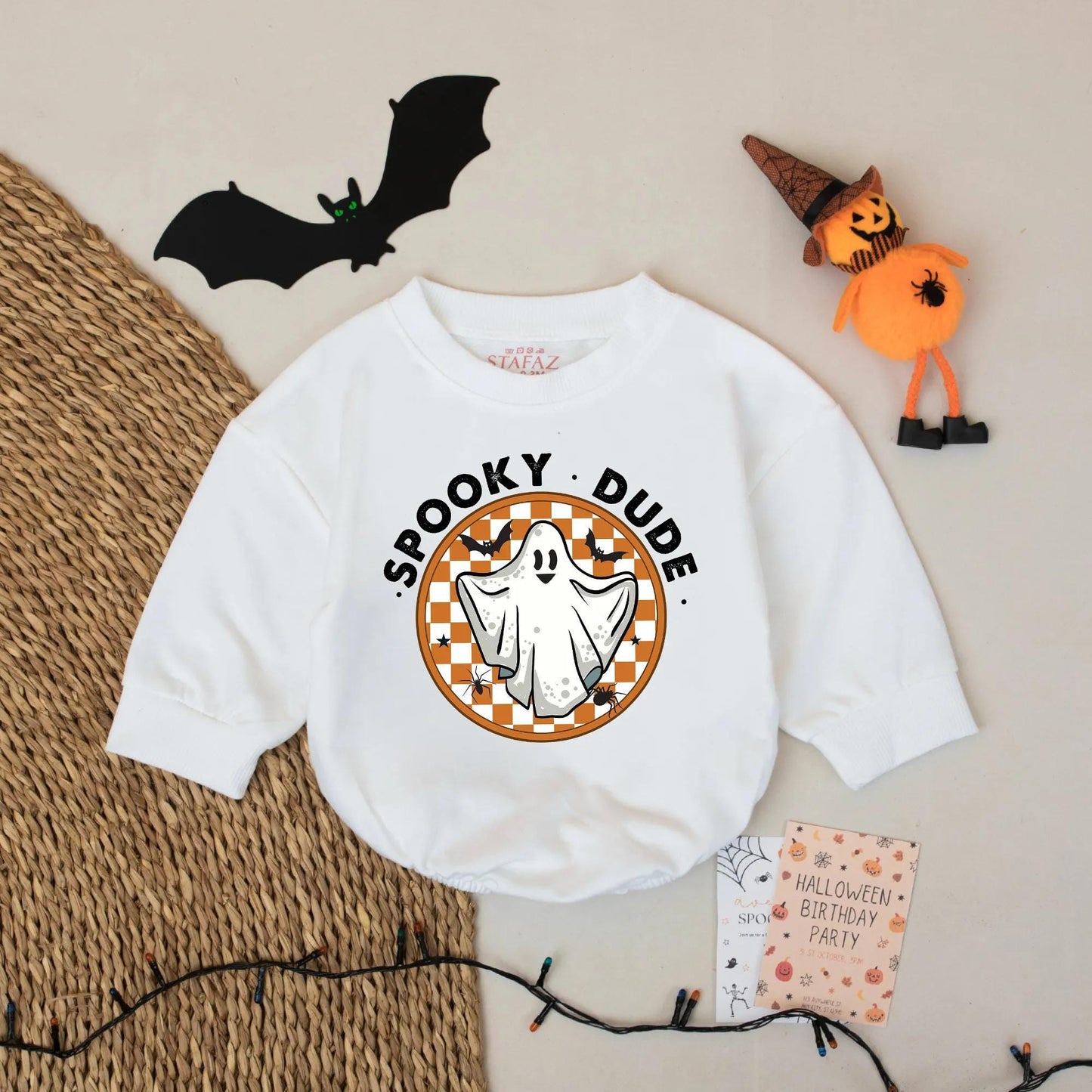 Spooky Dude Halloween Romper, First Birthday Ghost Outfit, Funny Baby Boy Bodysuit, Black & Orange Checkerboard Halloween Baby Clothes 136