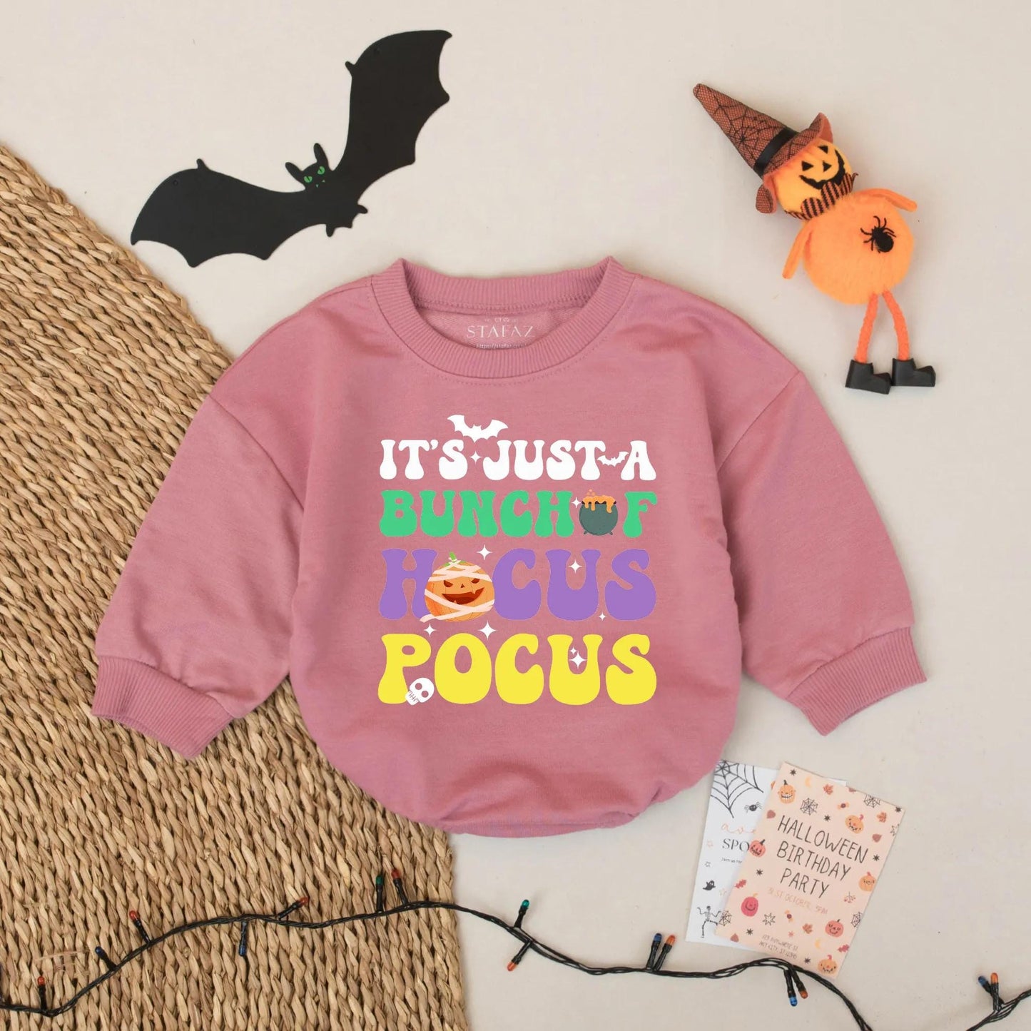 It's Just a Bunch of Hocus Pocus Halloween Baby Romper Retro Orange Purple Green Pumpkin Bat Mummy Skull Festive First Birthday Outfit