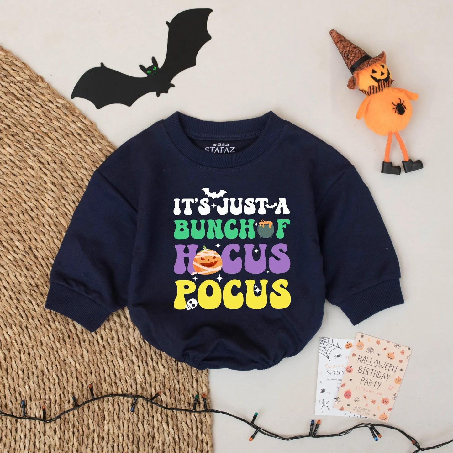 It's Just a Bunch of Hocus Pocus Halloween Baby Romper Retro Orange Purple Green Pumpkin Bat Mummy Skull Festive First Birthday Outfit