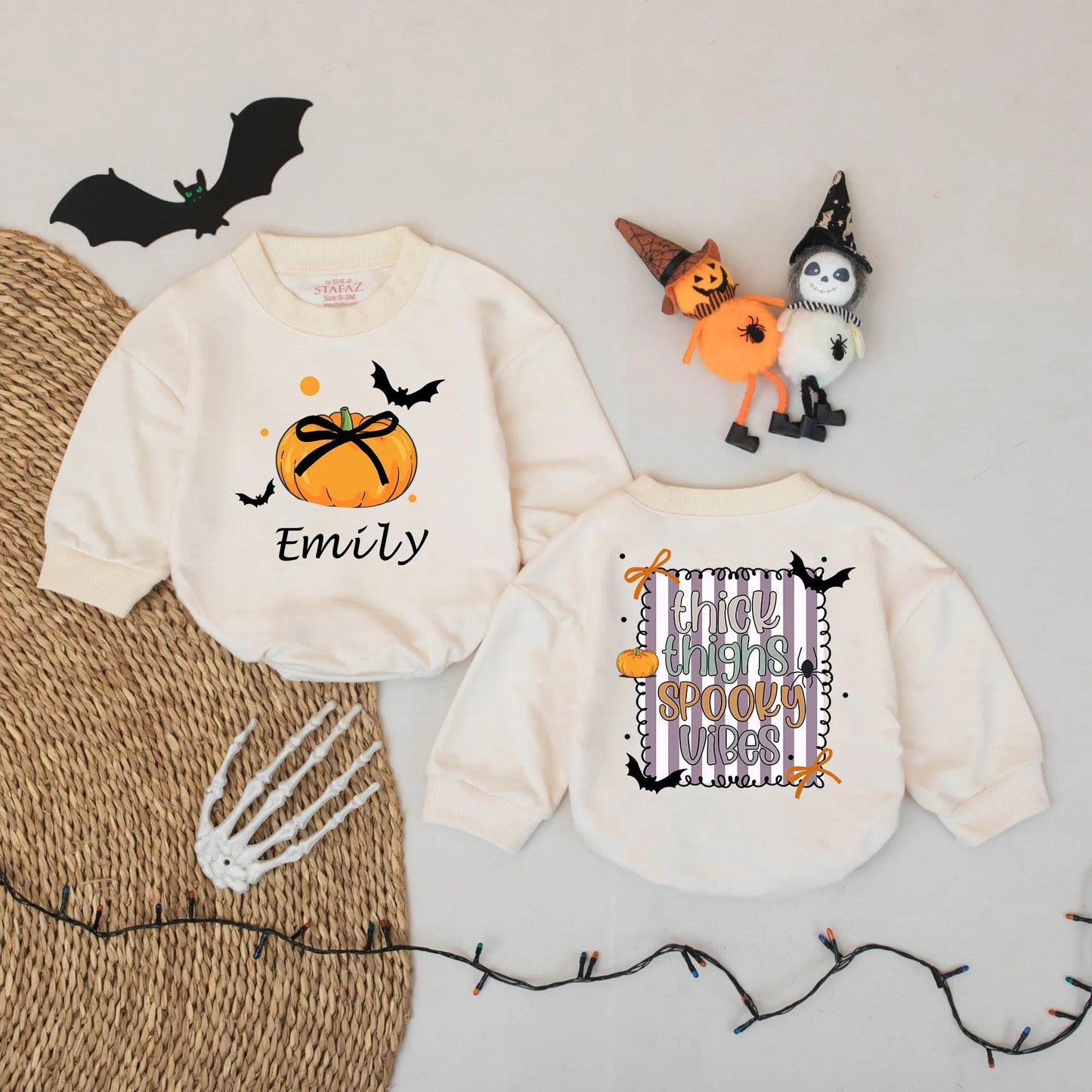 Custom Emily Pumpkin Halloween Baby Romper, Thick Thighs Spooky Vibes Bodysuit Girl, Cute Bat Design, Coming Home Outfit, Baby Gift