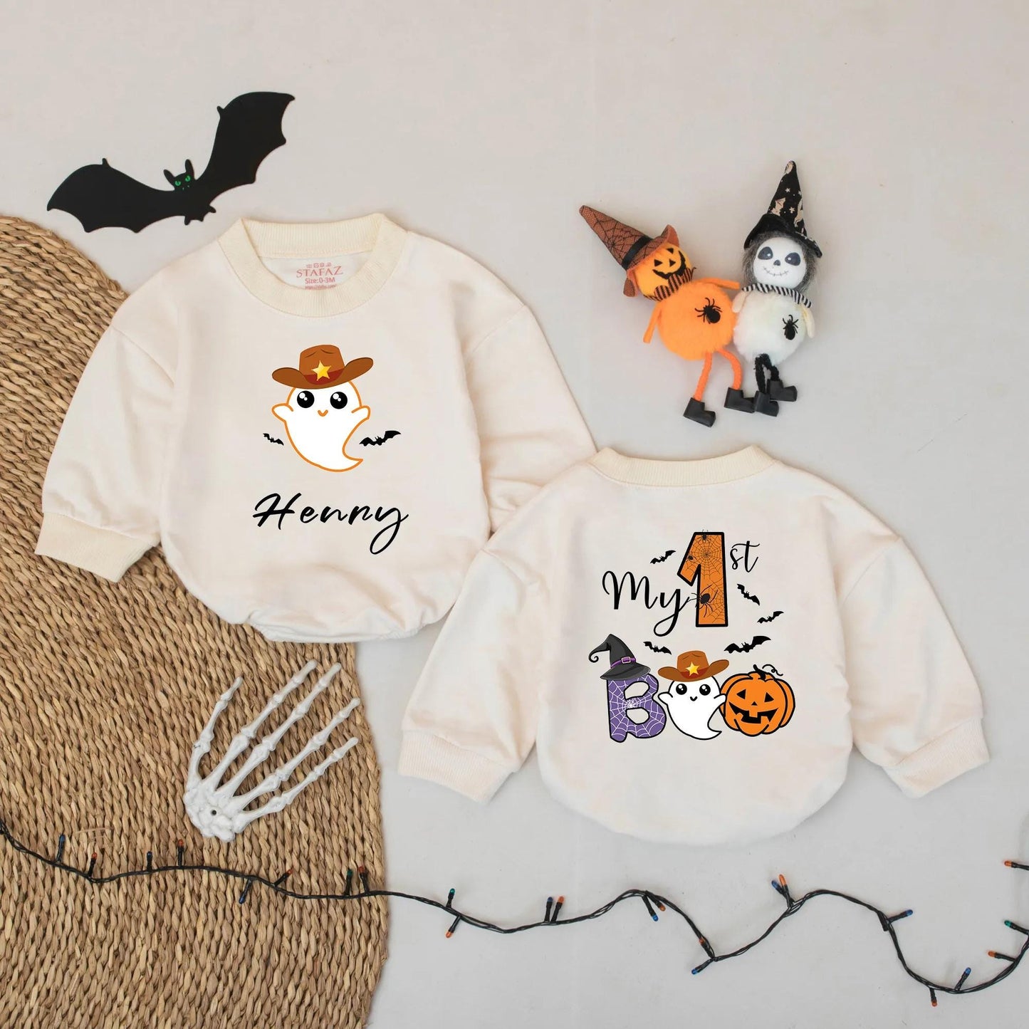 My First Boo Baby Halloween Romper - Cowboy Ghost Custom Bodysuit, Cute Halloween Outfit for Baby Boy, Coming Home Outfit, Halloween Gift Idea 135 Chars