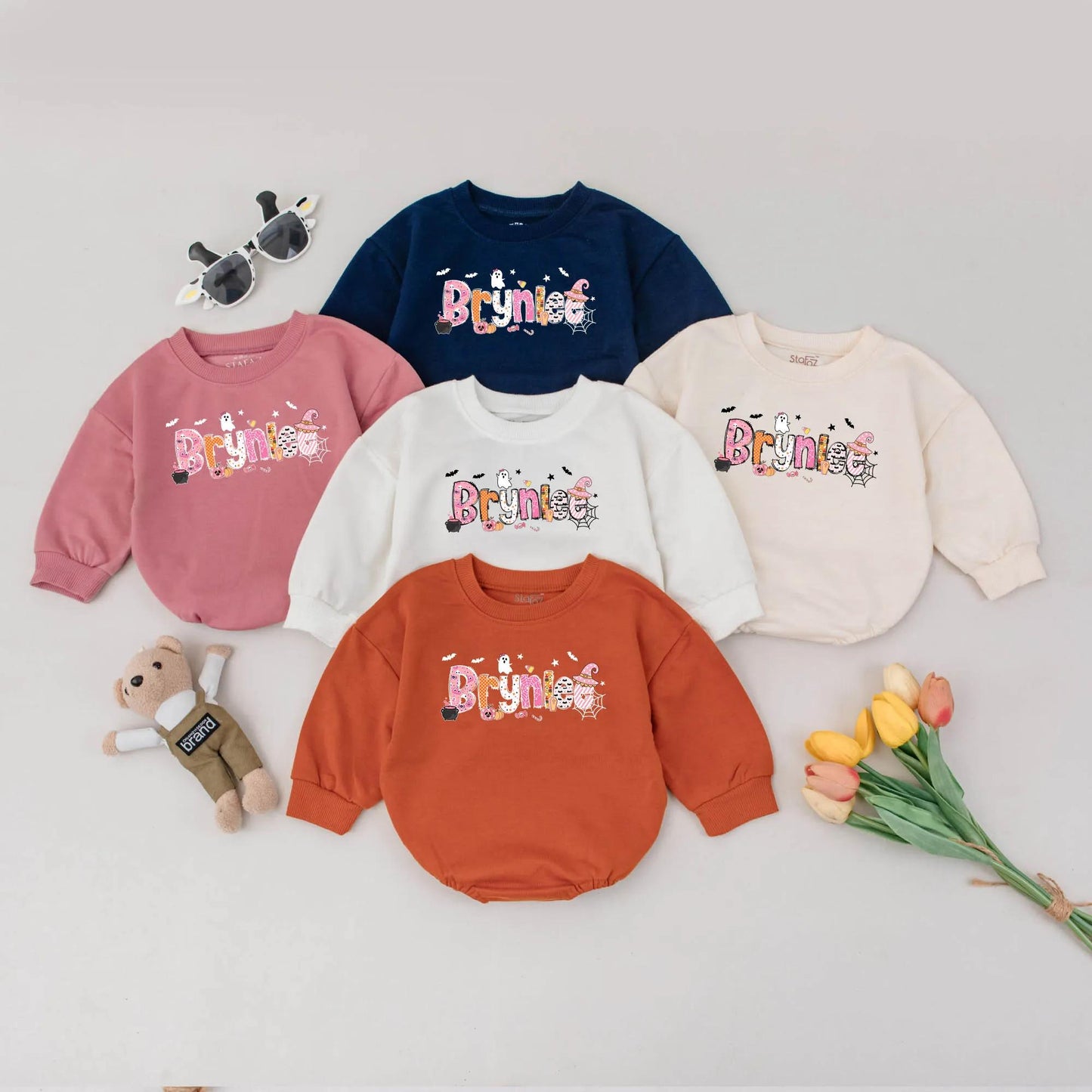 Bryniee Halloween Baby Romper Custom Name Cute Ghost Bats Candy Corn Fall Spooky Season Outfit Personalized First Halloween Gift