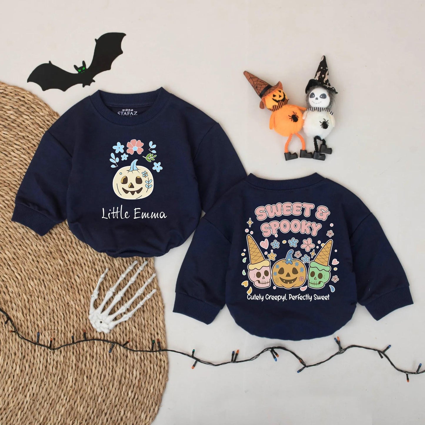 Custom Sweet Spooky Halloween Baby Romper with Whimsical Pumpkins & Flowers, Cute Cartoon Pastel Design, Perfect First Halloween Coming Home Outfit