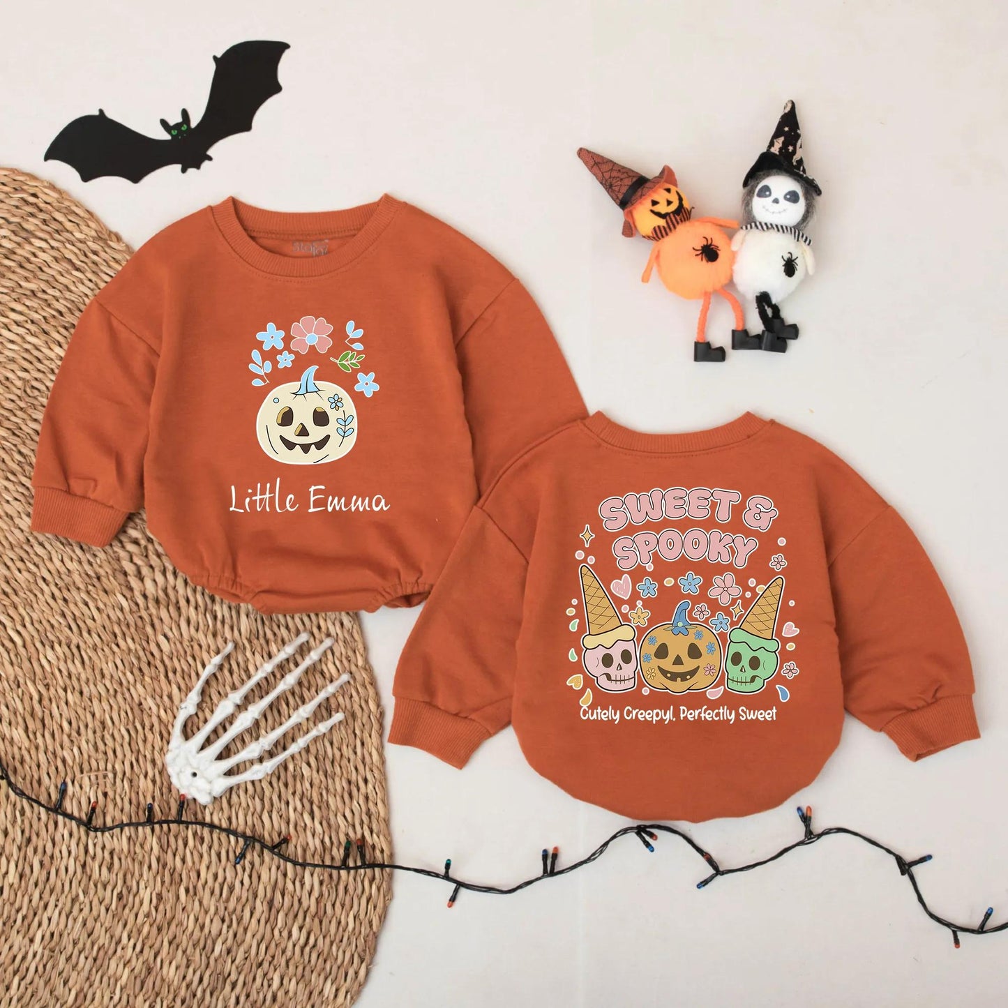 Custom Sweet Spooky Halloween Baby Romper with Whimsical Pumpkins & Flowers, Cute Cartoon Pastel Design, Perfect First Halloween Coming Home Outfit