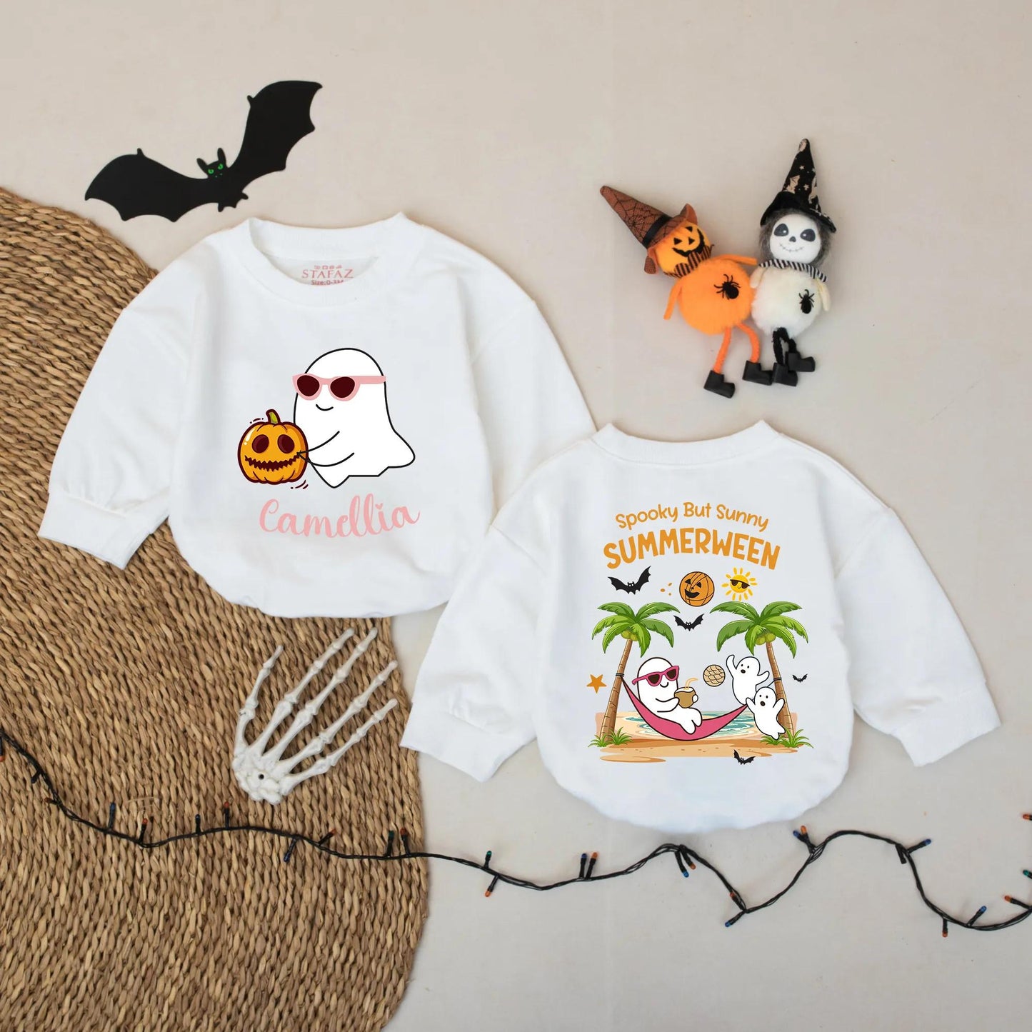Spooky Summerween Baby Romper: Ghostly Fun in the Sun! Custom Camellia Halloween Bodysuit, Beachy First Halloween Outfit, Cute Gift Idea (139 chars)