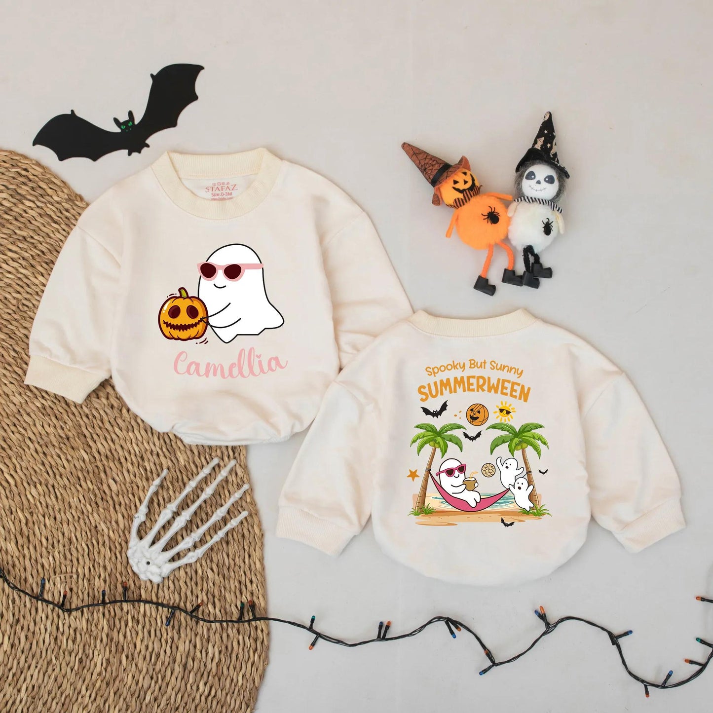 Spooky Summerween Baby Romper: Ghostly Fun in the Sun! Custom Camellia Halloween Bodysuit, Beachy First Halloween Outfit, Cute Gift Idea (139 chars)