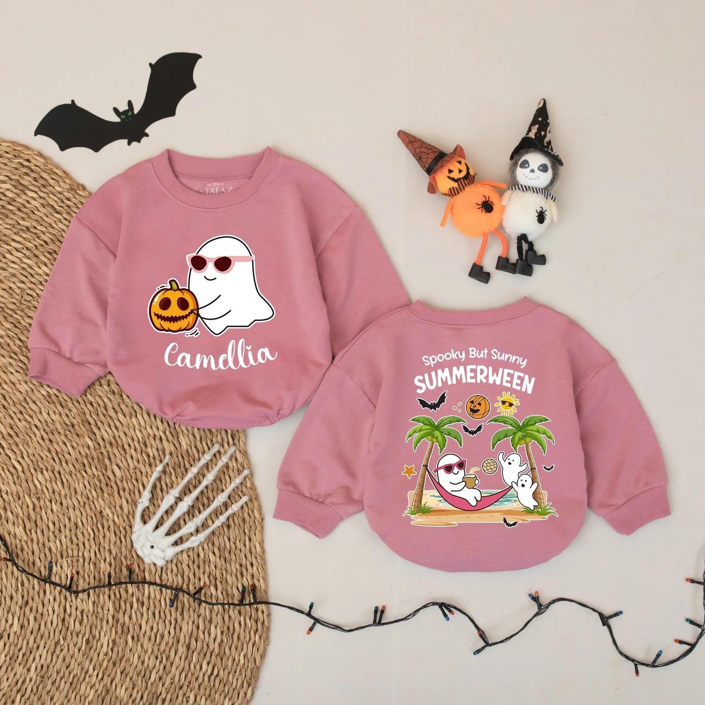 Spooky Summerween Baby Romper: Ghostly Fun in the Sun! Custom Camellia Halloween Bodysuit, Beachy First Halloween Outfit, Cute Gift Idea (139 chars)