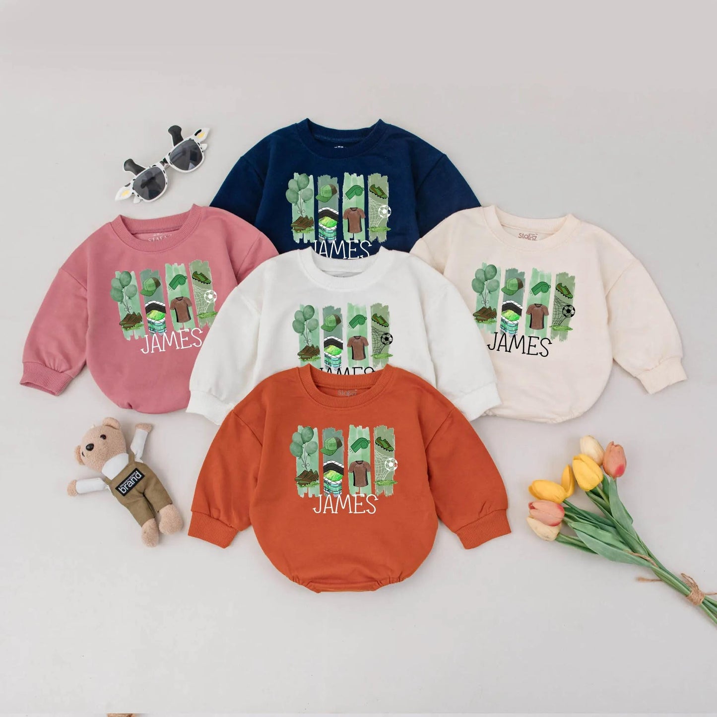 Personalized Soccer Boy Bubble Romper with Playful Green Striped Sports Graphics for Baby Bodysuit Game Day Outfit Shower Gift