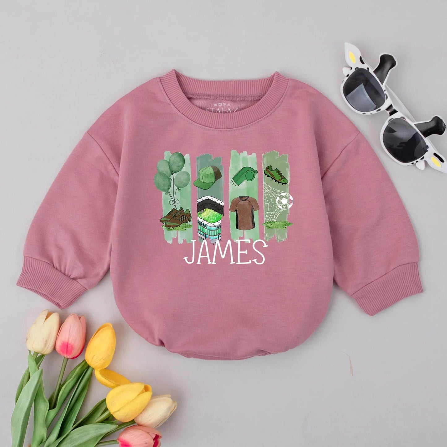 Personalized Soccer Boy Bubble Romper with Playful Green Striped Sports Graphics for Baby Bodysuit Game Day Outfit Shower Gift