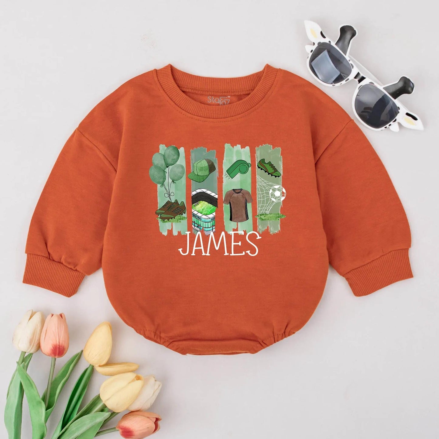 Personalized Soccer Boy Bubble Romper with Playful Green Striped Sports Graphics for Baby Bodysuit Game Day Outfit Shower Gift