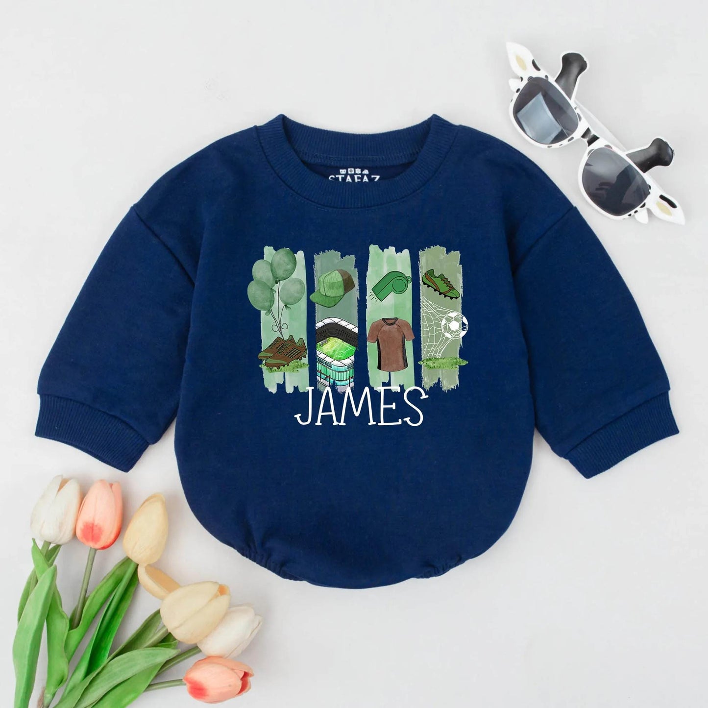 Personalized Soccer Boy Bubble Romper with Playful Green Striped Sports Graphics for Baby Bodysuit Game Day Outfit Shower Gift