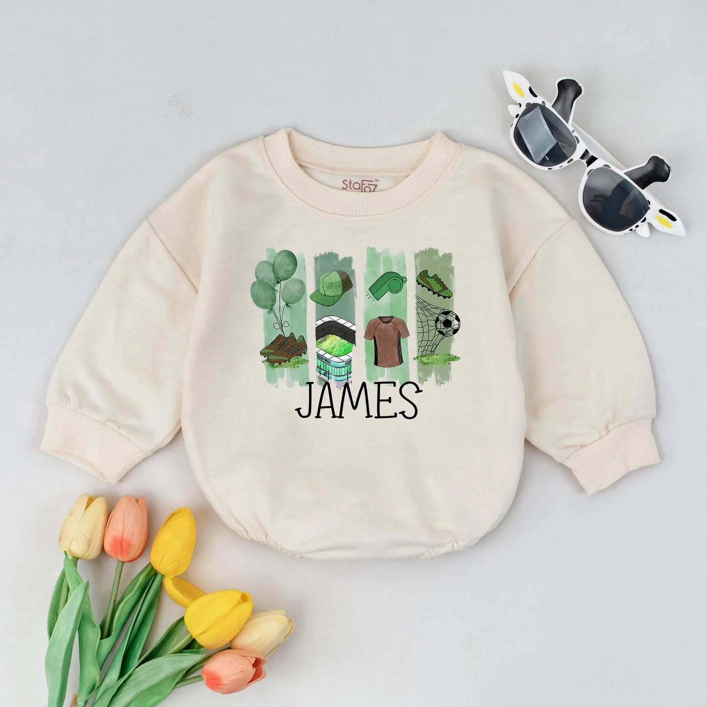 Personalized Soccer Boy Bubble Romper with Playful Green Striped Sports Graphics for Baby Bodysuit Game Day Outfit Shower Gift