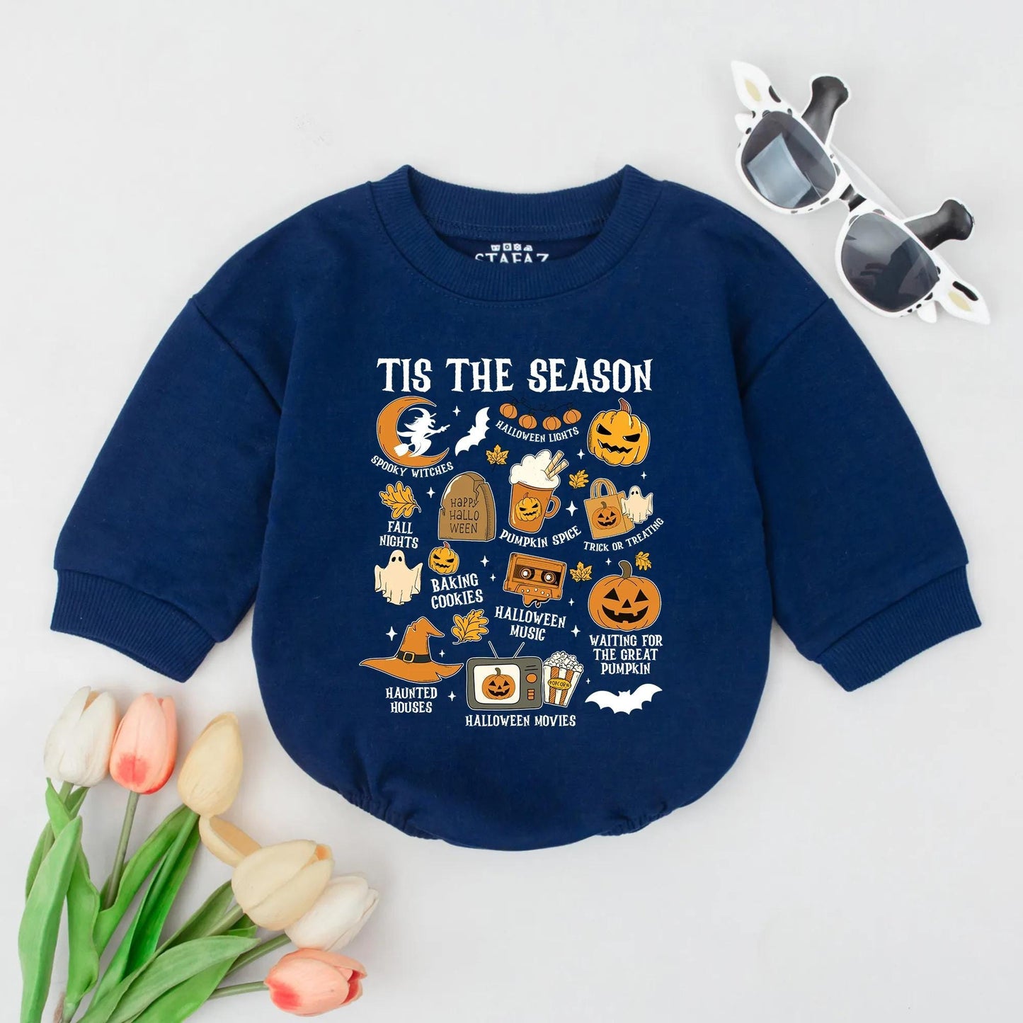 Retro Halloween Baby Romper | Spooky Season Bodysuit for Fall Baby Shower Gift | Pumpkin Spice Witch, Ghosts, Bat, & Candy Corn Design Baby Girl Outfit