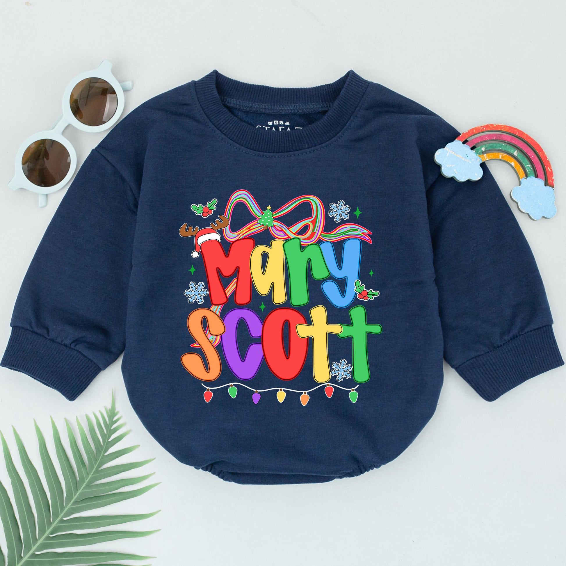 Baby's First Christmas Romper Rainbow Name Personalized Festive Snowflakes Lights Reindeer Antler Hat Outfit
